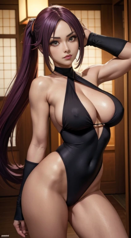 Yoruichi Shihōin in soul reaper uniform, com cabelos presos, foto de corpo inteiro, His posture is one of attack, com rosto serio,  , sexy, seios grandes, com roupa preta, Swimsuit with neckline and dug in verilla, cenario de uma casa japonesa a noite com lua cheia, (muito detalhado), Yoruichi Shihōin seductive, realista, 8k, Cinema 4D, Artgerm extremamente detalhado, [ Arte Digital 4K ]!!, Yoruichi Shihōin girl anime rendering, , seios grandes