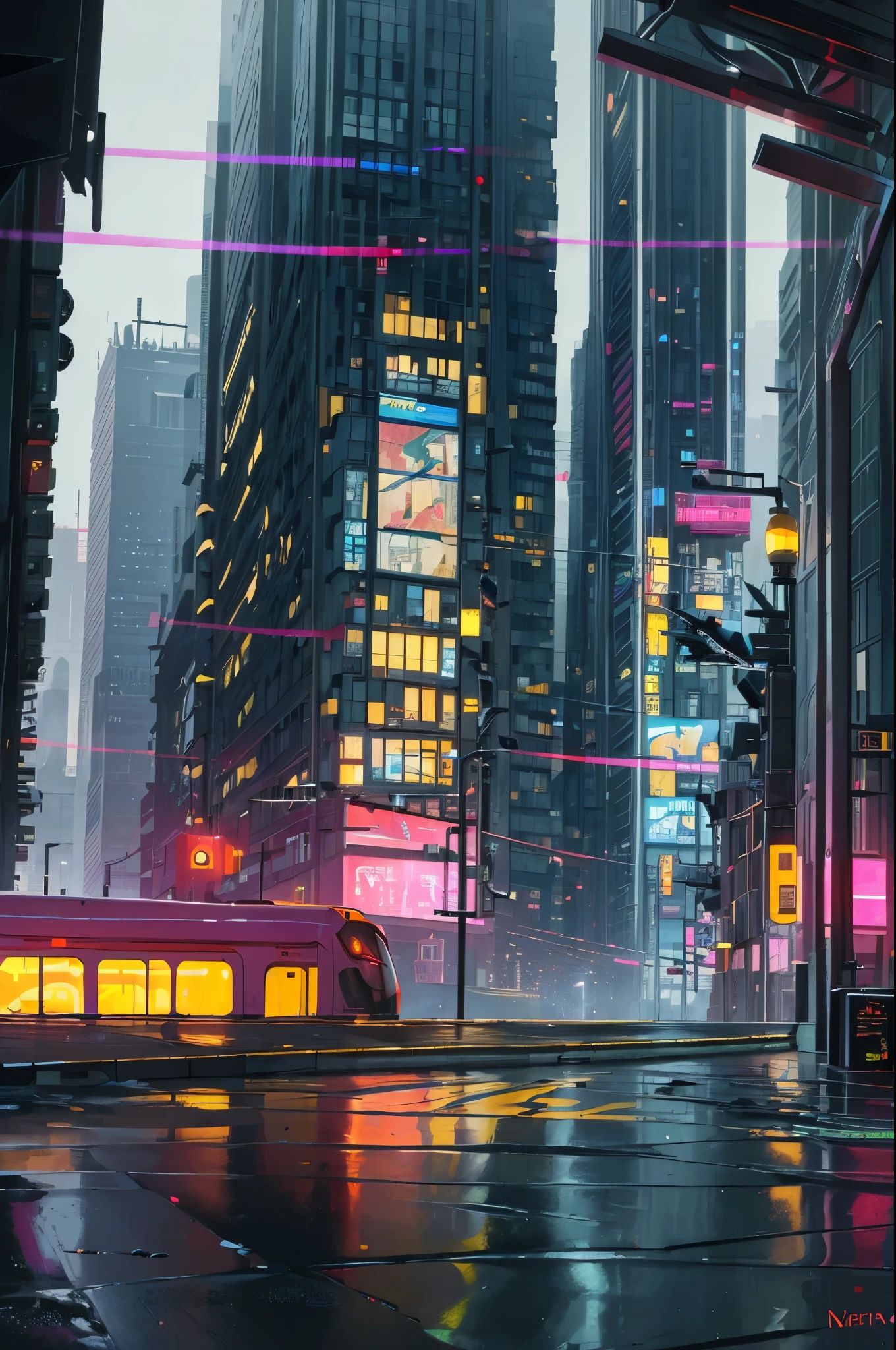 ((Masterpiece)),((Best Quality)),((High Detail)),((realisitic,)) Cities of the Future Era, Construction Street, Futuristic train routes, The cyberpunk, Buildings, natta, European Cities, Rainy, neons, jazzy