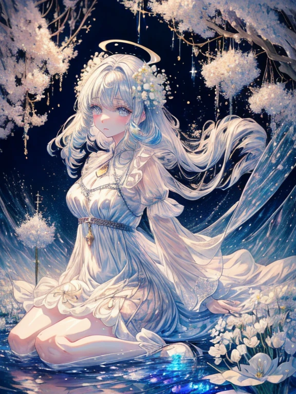 scenecy, Paradise in Heaven, White lighting,(masutepiece), (Best Quality), (Cinematic), 8K, (art  stations), Li Yue painting style. (長い白い髪とSilvery eyesを持つ1人の女), (流れるような白くSheerドレス)、(Beautiful delicate face)、[ Particle Lou Full Moon] [Frozen trees々] [landscape crystal] [Lighting] [Ethereal Atmosphere]:1.1] [Fantasy, short story] [soft Lighting] [+Cinematic shot]:1.2 [+art  stations] [+luminous white background] [+soft Lighting] [soft glow] [Creative and dynamic angles]:1.3, [+Crystal Toning] 、masutepiece, ighly detailed, Ultra-detailed, Solo, (pale skin), Silvery eyes, Frosty white hair, (snowy background), (snowflake rosen flower:1.0), crystal crown, (shining crystal), (((白くSheerドレス))), (Snowy ground), (Icy breath), (White lashes), 花のある部屋に立つSheer繊細なウェディングドレスを着た美女, Female sexy、luxurious wedding, very magical and dreamy, dreamy and detailed, ethereal fairy tale, The setting of a fairy tale:, 贅沢なSheer薄いドレス, dreamy diamond、たくさんのクリスタルが付いたSheerドレス, fantasy sheer dress, A magical dress with a transparent chest, crystal see-through dress, Feminine atmosphere and drama in a transparent dress with sparkling flowers, Gorgeous setting, 妖しい雰囲気 masutepiece, The most beautiful scenes, An majestic、(((full of white flowers)))、quiet and serene atmosphere、A charming, Sheer,The nipple is visible、large boob、sexy-S 100,たくさんのクリスタルが付いたSheerドレス, fantasy sheer dress, Transparent chest dress, See-through dress studded with crystals, Woman in a transparent dress with sparkling white flowers, intricate fantasy sheer dress, transparent rainbow color, Detailed translucent costume design, transparent dress, a stunning young ethereal figure, Bejeweled Opal Statue, fantasy transparent costume,pure white and dazzling、all white tones,Inside the crystal library,Transparent flowers and falling snow，Many white roses are planted,(flowingwater,falls,water bloom),The decoration is also carefully done.,Dreamy（ighly detailedです，Creative Design，crisp and precise lines，K HD，best qualtiy，tmasterpiece，超hight resolution，4K）、huge tit、Underwear models、Diverse poses、((beautiful white flower hair ornament))、beautiful hairl型、Full body view、sexymodel、Overhead view, look from above、(Best Quality, 4K, 8K, hight resolution, masutepiece:1.2), Ultra-detailed, Detailed expression, Graceful posture, dreamy ambiance, expressive brush strokes, mystic atmosphere, artistic interpretation,beautiful hairl，Delicate floral jewelry， 驚くほど小さな新鮮なスタイルのSheerドレス、 Subtle colors and tones,