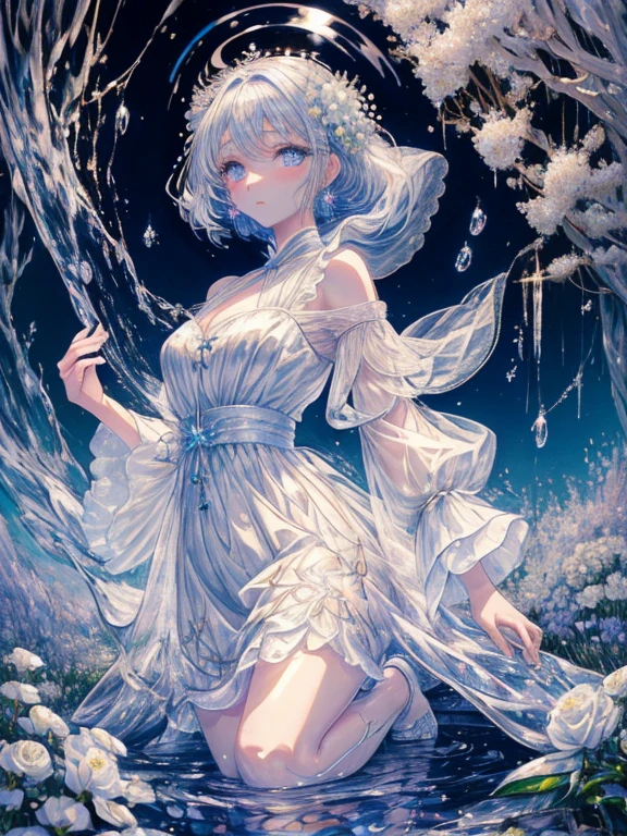 scenecy, Paradise in Heaven, White lighting,(masutepiece), (Best Quality), (Cinematic), 8K, (art  stations), Li Yue painting style. (長い白い髪とSilvery eyesを持つ1人の女), (流れるような白くSheerドレス)、(Beautiful delicate face)、[ Particle Lou Full Moon] [Frozen trees々] [landscape crystal] [Lighting] [Ethereal Atmosphere]:1.1] [Fantasy, short story] [soft Lighting] [+Cinematic shot]:1.2 [+art  stations] [+luminous white background] [+soft Lighting] [soft glow] [Creative and dynamic angles]:1.3, [+Crystal Toning] 、masutepiece, ighly detailed, Ultra-detailed, Solo, (pale skin), Silvery eyes, Frosty white hair, (snowy background), (snowflake rosen flower:1.0), crystal crown, (shining crystal), (((白くSheerドレス))), (Snowy ground), (Icy breath), (White lashes), 花のある部屋に立つSheer繊細なウェディングドレスを着た美女, Female sexy、luxurious wedding, very magical and dreamy, dreamy and detailed, ethereal fairy tale, The setting of a fairy tale:, 贅沢なSheer薄いドレス, dreamy diamond、たくさんのクリスタルが付いたSheerドレス, fantasy sheer dress, A magical dress with a transparent chest, crystal see-through dress, Feminine atmosphere and drama in a transparent dress with sparkling flowers, Gorgeous setting, 妖しい雰囲気 masutepiece, The most beautiful scenes, An majestic、(((full of white flowers)))、quiet and serene atmosphere、A charming, Sheer,The nipple is visible、large boob、sexy-S 100,たくさんのクリスタルが付いたSheerドレス, fantasy sheer dress, Transparent chest dress, See-through dress studded with crystals, Woman in a transparent dress with sparkling white flowers, intricate fantasy sheer dress, transparent rainbow color, Detailed translucent costume design, transparent dress, a stunning young ethereal figure, Bejeweled Opal Statue, fantasy transparent costume,pure white and dazzling、all white tones,Inside the crystal library,Transparent flowers and falling snow，Many white roses are planted,(flowingwater,falls,water bloom),The decoration is also carefully done.,Dreamy（ighly detailedです，Creative Design，crisp and precise lines，K HD，best qualtiy，tmasterpiece，超hight resolution，4K）、huge tit、Underwear models、Diverse poses、((beautiful white flower hair ornament))、beautiful hairl型、Full body view、sexymodel、Overhead view, look from above、(Best Quality, 4K, 8K, hight resolution, masutepiece:1.2), Ultra-detailed, Detailed expression, Graceful posture, dreamy ambiance, expressive brush strokes, mystic atmosphere, artistic interpretation,beautiful hairl，Delicate floral jewelry， 驚くほど小さな新鮮なスタイルのSheerドレス、 Subtle colors and tones,