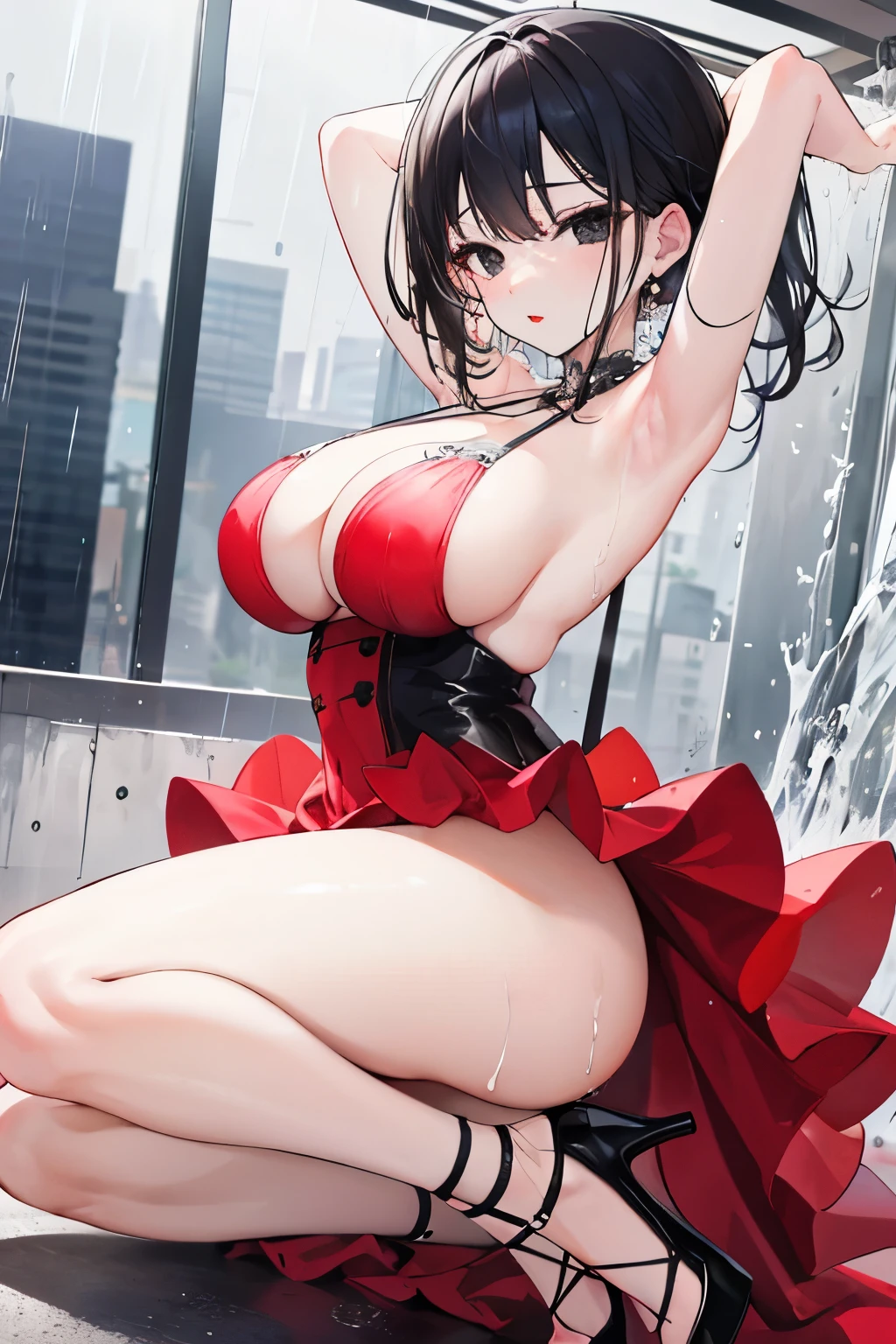 ((best quality)),A cute face with a round shape, black eyes, and black hair. Red lips, wearing a traditional French dress with an open back, large bust, and large thighs. White high heels, soo sexy, soo horny, out said park, raining so hard, arms up,armpit show,she is all wet