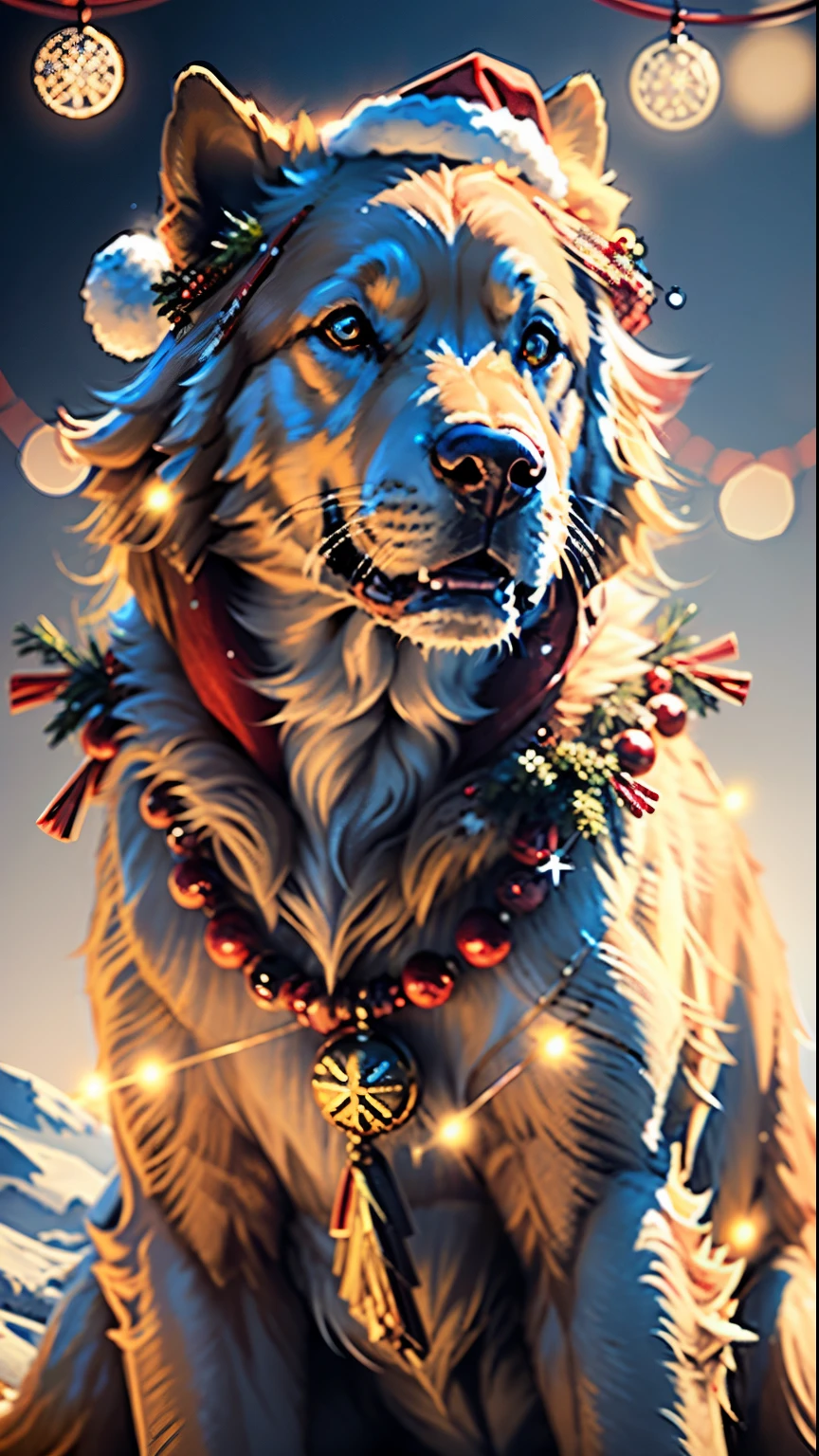 (best quality,realistic:1.37),portrait,golden retriever wearing Santa Claus outfit,detailed eyes and face,dog with festive accessories,christmas decor,holiday theme,festive colors,cheerful expression,beautifully painted fur,rich textures,santa hat,red and white costume,sparkling background lights,glowing ornaments and garlands,snowflakes falling,playful pose and interaction with gifts and candy canes,cozy winter atmosphere,masterpiece:1.2