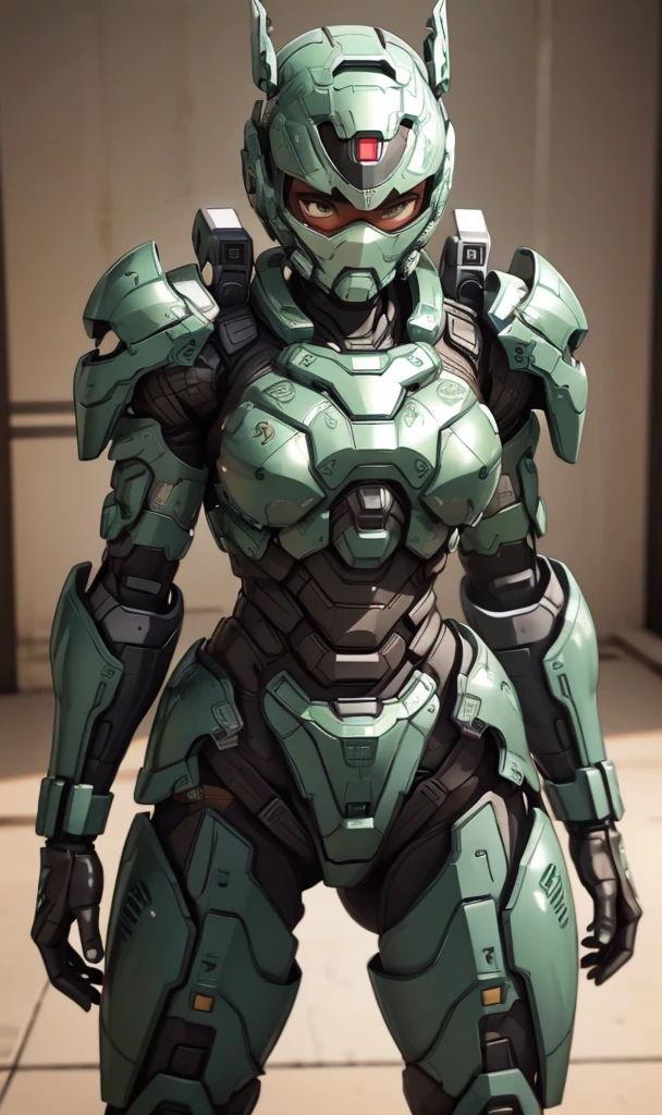 Textured skin, Super Detail, high details, High quality, Best Quality, hight resolution, 1080p, hard disk, Beautiful,(War Machine),beautiful cyborg woman,Dark Green Mecha Cyborg Girl,battleing,Girl with a Mecha Body,、Very Shorthair、sweaty brown eyes、Sweaty face、embarassed expression Blushing cute little A dark-haired