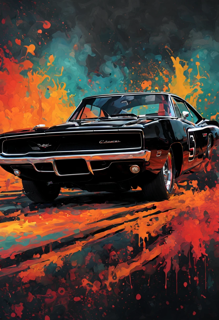 black 1969 DODGE CHARGER DAYTONA 3d render, oil painting, poster, black, illustration,vibrant oil splater background,side facing,