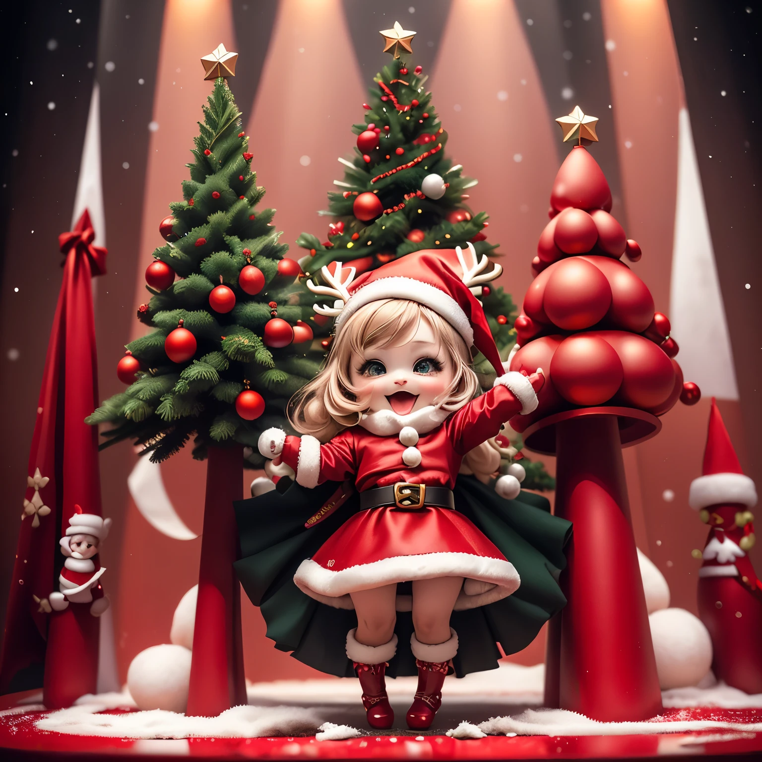 ​masterpiece、top-quality、ultra-detailliert、(Chibi character Santa girl:1.2),(Santa Cosplay:1.3),red mini long sleeve dress,White fur,Red Santa Hats,Vivid depiction,Red boots(,The background is a Christmas tree and an animated reindeer.:1.3),Full-body standing figure,jumping jumping,Open your mouth and smile