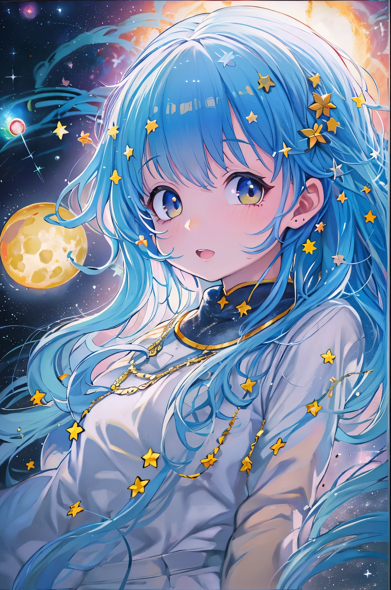 Best Quality, Detailed, 4K, Raw photo, masutepiece, Detailed face,, Stars, Planets, Galaxy, spaces,, a photo of エニセマール flying in spaces, Blue hair, Bangs, Long hair, Looking at Viewer,