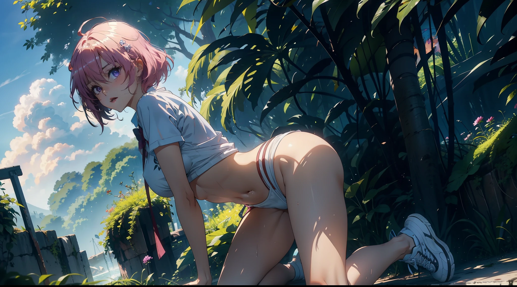 1female，15yo，Slim，，medium cleavage breasts Thin waist，slenderlegs，Pornographic exposure， 独奏，momo velia deviluke, hair ornament, bob cut, short hair pink hair, purple eyes, medium breasts,(wearing: yellow school uniform, sneaker), looking at viewer,（Background with：ln the forest，the rainforest，in summer，standing on your feet，Sweat profusely，drenched all over the body，seen from the front， hair straight， mostly cloudy sky，（（（tmasterpiece），（Very detailed CG unity 8K wallpaper），best qualtiy，cinmatic lighting，detailed back ground，beatiful detailed eyeright pupils，（Very fine and beautiful），（Beautiful and detailed eye description），ultra - detailed，tmasterpiece，）），facing at camera，（Full body photo），Show shoes，A high resolution，ultra - detailed），revealing breastulge，legs are open，Raised sexy，Flushed complexion，Open-mouthed，frontage，full body