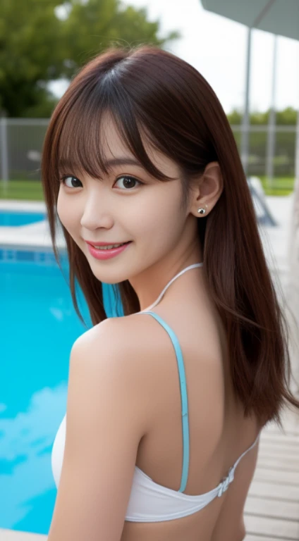 1 person woman, Silver Bikini Swimsuit, (写真realisitic:1.4), (hyper realisitic:1.4), (realisitic:1.3), (Smooth lighting:1.05), (Improve video lighting quality:0.9), a 20 yo woman, Present practical lighting, Back lighting, Facial light, raytrace, (cheerfulness:1.2), (Improved image quality:1.4), (最高級realisiticテクスチャスキン), Spread your arms, finely eye, a small face, Red cheeks, A slight smil, mideum breasts, Slender body,Longitudinally divided abs, Pointed jaws, Woman's small hands, Glossy skin, brown haired, Blunt bangs, hair behind ear, hair over shoulder, Long hair, Outdoor pool