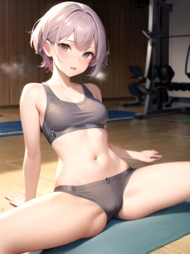 nsfw,(super fine illustration,8K CG wallpaper,best quality,extremely detailed,ultra high res,best aesthetic),(cowboy shot,from front),1girl ,idolmaster, {{{anastasia}}}, (25yo,beautiful girl,cute girl),(beautiful blue eyes),(beautiful silver hair), (((extra short hair))),((spiky hair)), (((mullet hairstyle))), (wet hair), (wet skin),(scatter sweat),(steam),(flat chests,midium breasts),((slender and tall)),((Calvin Klein), (gray sports bra),(((gray boxer shorts for women))),(gym),(stretch on the mat),((((spread legs)))),(open mouths),(embarrassed),(gentle smile),(stick out tongue),(feel good),(blush),look up view,