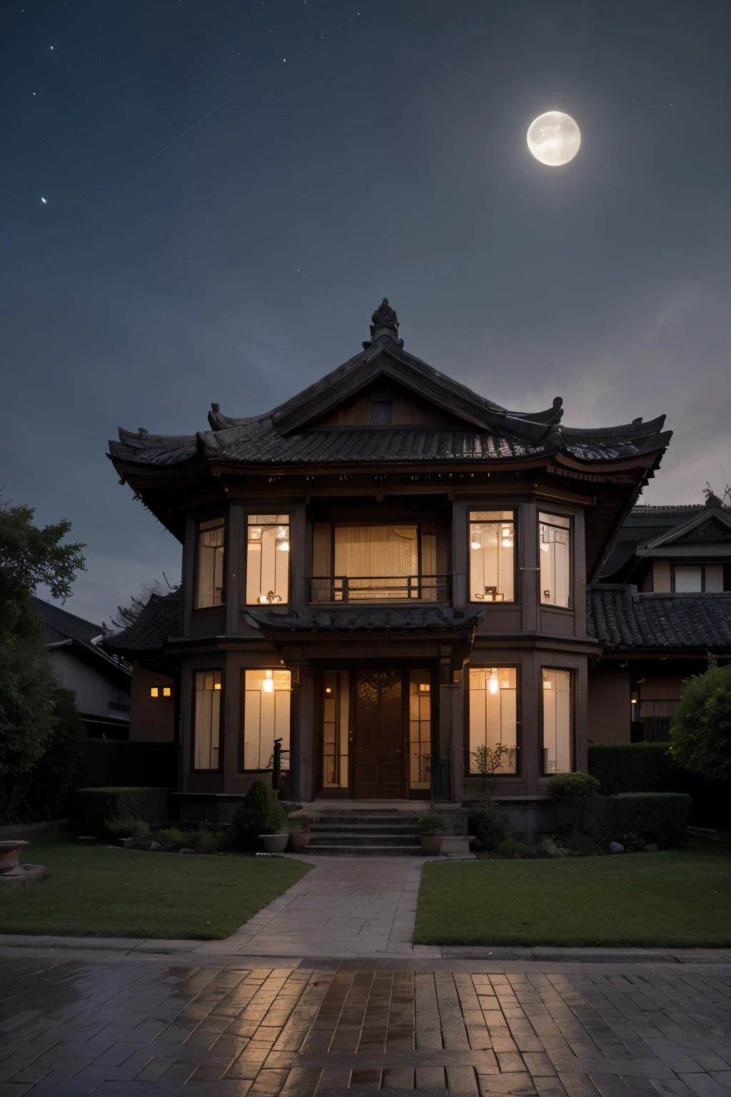 an Asian-style jade mansion glowing with moonlight and wind