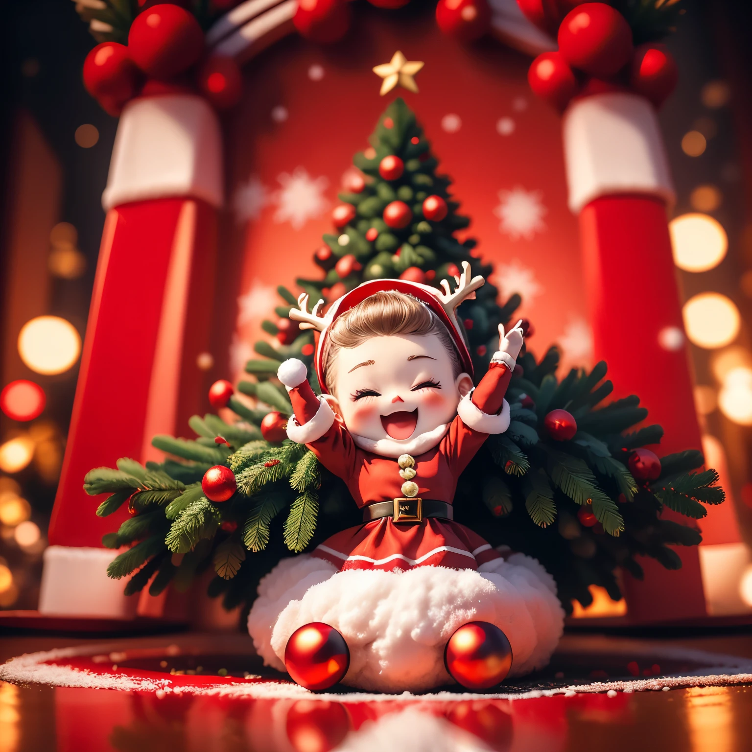 masterpiece、top-quality、ultra-detailliert、(Chibi character Santa girl:1.2),(Santa Cosplay:1.3),red mini long sleeve dress,White fur,Red Santa Hats,Vivid depiction,Red boots(,The background is a Christmas tree and an animated reindeer.:1.3),Full-body standing figure,jumping jumping,Open your mouth and smile