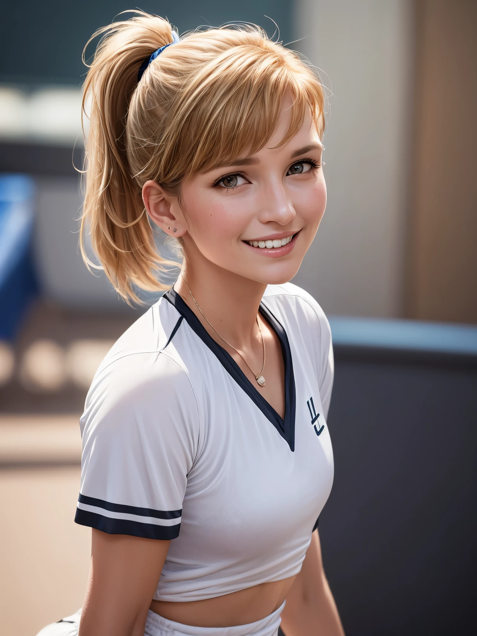 Waist up cinematic portrait photoshoot of short pony tailed Blondie hair style, Beautiful Steffi Graf donning 80's Tennis costume, gentle sweet smile, bokeh, shallow depth of field, volumetric lighting, masterpiece professional photography, detailed face, insanely detailed and intricate scene