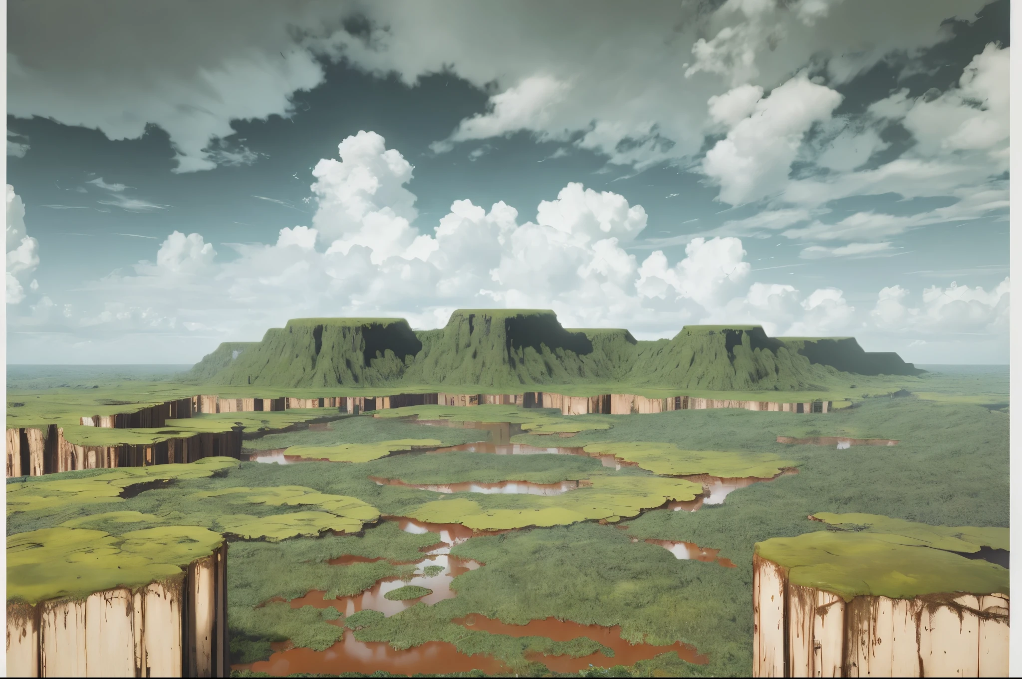 Grimm, dark environment. Landscape view of an alien planet with dark jungle swamps filled with brown sludge. Two swamp slime covered hilly ledges in the foreground. Dark, gray, cloudy sky.
