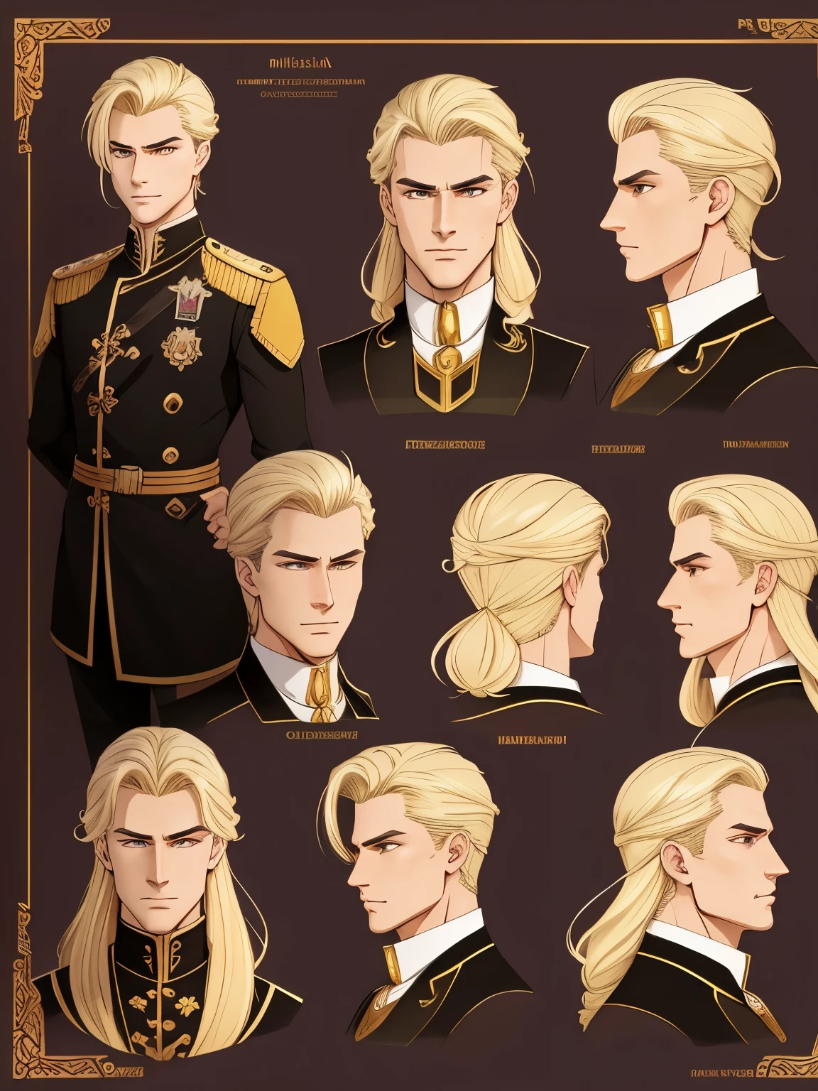 Character design sheet, same character, on front, from on the side, At the back. Nikolai has golden hair, shaved on one side and styled on the other, golden eyes and slightly crooked nose, he has a beautiful face, "outlined by the features of a fairy-tale prince". He is described as extremely charming and handsome.