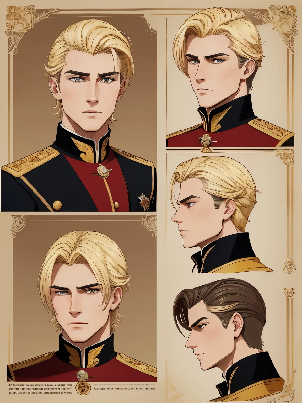 Character design sheet, same character, on front, from on the side, At the back. Nikolai has golden hair, shaved on one side and styled on the other, golden eyes and slightly crooked nose, he has a beautiful face, "outlined by the features of a fairy-tale prince". He is described as extremely charming and handsome.