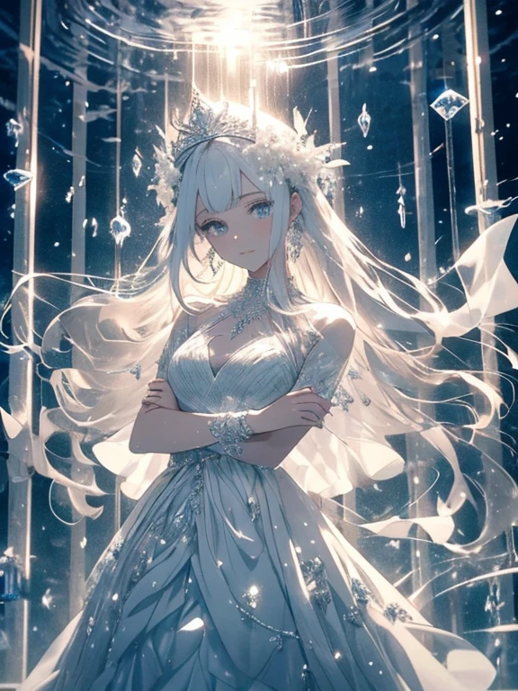 scenecy, Paradise in Heaven, White lighting,(masutepiece), (Best Quality), (Cinematic), 8K, (art  stations), Li Yue painting style. (長い白い髪とSilvery eyesを持つ1人の女), (流れるような白くSheerドレス)、(Beautiful delicate face)、[ Particle Lou Full Moon] [Frozen trees々] [landscape crystal] [Lighting] [Ethereal Atmosphere]:1.1] [Fantasy, short story] [soft Lighting] [+Cinematic shot]:1.2 [+art  stations] [+luminous white background] [+soft Lighting] [soft glow] [Creative and dynamic angles]:1.3, [+Crystal Toning] 、masutepiece, ighly detailed, Ultra-detailed, Solo, (pale skin), Silvery eyes, Frosty white hair, (snowy background), (snowflake rosen flower:1.0), crystal crown, (shining crystal), (((白くSheerドレス))), (Snowy ground), (Icy breath), (White lashes), 花のある部屋に立つSheer繊細なウェディングドレスを着た美女, Female sexy、luxurious wedding, very magical and dreamy, dreamy and detailed, ethereal fairy tale, The setting of a fairy tale:, 贅沢なSheer薄いドレス, dreamy diamond、たくさんのクリスタルが付いたSheerドレス, fantasy sheer dress, A magical dress with a transparent chest, crystal see-through dress, Feminine atmosphere and drama in a transparent dress with sparkling flowers, Gorgeous setting, 妖しい雰囲気 masutepiece, The most beautiful scenes, An majestic、(((full of white flowers)))、quiet and serene atmosphere、A charming, Sheer,The nipple is visible、large boob、sexy-S 100,たくさんのクリスタルが付いたSheerドレス, fantasy sheer dress, Transparent chest dress, See-through dress studded with crystals, Woman in a transparent dress with sparkling white flowers, intricate fantasy sheer dress, transparent rainbow color, Detailed translucent costume design, transparent dress, a stunning young ethereal figure, Bejeweled Opal Statue, fantasy transparent costume,pure white and dazzling、all white tones,Inside the crystal library,Transparent flowers and falling snow，Many white roses are planted,(flowingwater,falls,water bloom),The decoration is also carefully done.,Dreamy（ighly detailedです，Creative Design，crisp and precise lines，K HD，best qualtiy，tmasterpiece，超hight resolution，4K）、huge tit、Underwear models、Diverse poses、((beautiful white flower hair ornament))、beautiful hairl型、Full body view、sexymodel、Overhead view, look from above、(Best Quality, 4K, 8K, hight resolution, masutepiece:1.2), Ultra-detailed, Detailed expression, Graceful posture, dreamy ambiance, expressive brush strokes, mystic atmosphere, artistic interpretation,beautiful hairl，Delicate floral jewelry， 驚くほど小さな新鮮なスタイルのSheerドレス、 Subtle colors and tones,