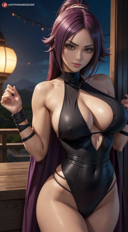 Yoruichi Shihōin in soul reaper uniform, com cabelos presos, His posture is one of attack, com rosto serio,  , sexy, seios grandes, com roupa preta, Swimsuit with neckline and dug in verilla, cenario de uma casa japonesa a noite com lua cheia, (muito detalhado), Yoruichi Shihōin seductive, realista, 8k, Cinema 4D, Artgerm extremamente detalhado, [ Arte Digital 4K ]!!, Yoruichi Shihōin girl anime rendering, , seios grandes