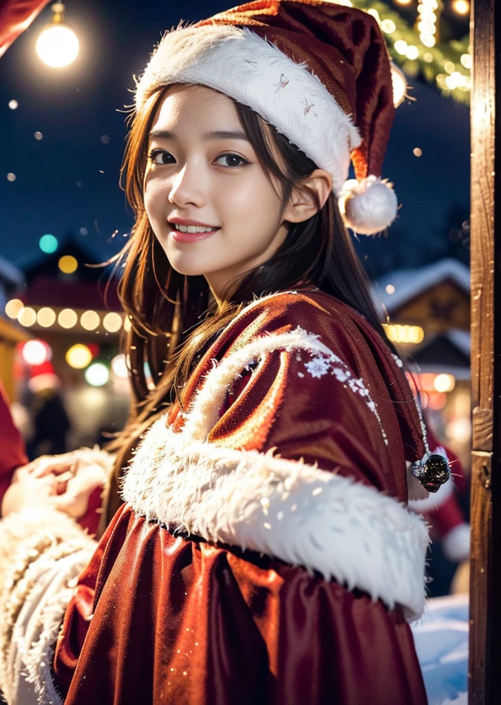 (((santa claus costume))),(((looking at viewer:1.5))),(((Photographing a girl from side))),ulzzang-6500-v1.1, (Raw photo:1.2), (Photo realistic:1.4), a beautiful detailed girl, extremely detailed eye and face, beautiful detailed eyes, ultra-detailed, High resolution, top-quality, ​masterpiece, highly detailed, 8k wallpaper, Wonderful, finely detail, top-quality, Light on the face,电影灯光,1girl in,(Christmas market in Stuttgart),Beautiful eyes,smile,Opening Mouth