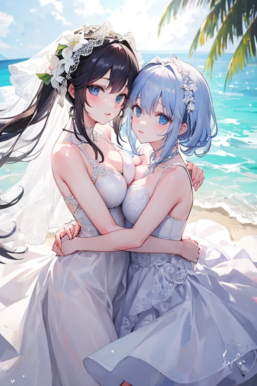 tmasterpiece, Best quality at best, 2 girls, Weddings, Summer beach，white lace wedding dress，详细的脸, 詳細な目, beautidful eyes,looking at viewert,hugging eachother