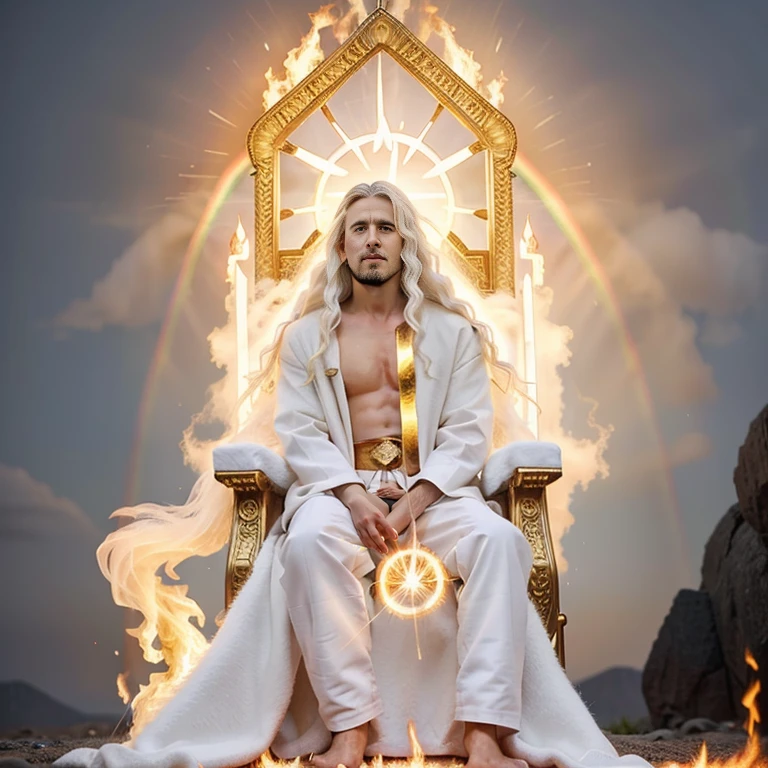 Jesus sitting on the white throne
 something glowing like electrum that was like a fire radiating from what appeared to be his waist and upward; and from his waist down, I saw something that resembled fire., (((There was a round brilliance flare all around him 28 like that of a round rainbow in a cloud on a rainy day))), His head and his hairs were white like wool, as white as snow; and his eyes were as a flame of fire;garment was white as snow, and the hair of his head like the pure wool: his throne was like the fiery flame, and his wheels as burning fire.And his feet like unto fine brass, as if they burned in a furnace; and his voice as the sound of many waters. ,((white hairs))