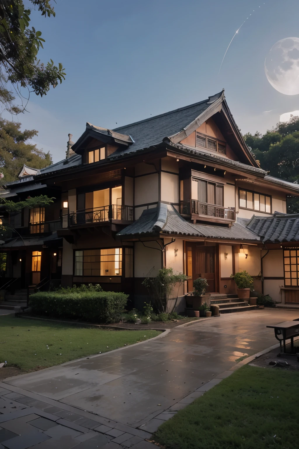 an Asian-style mansion, made of  glowing jade, with moonlight with flowers, trees, and wind