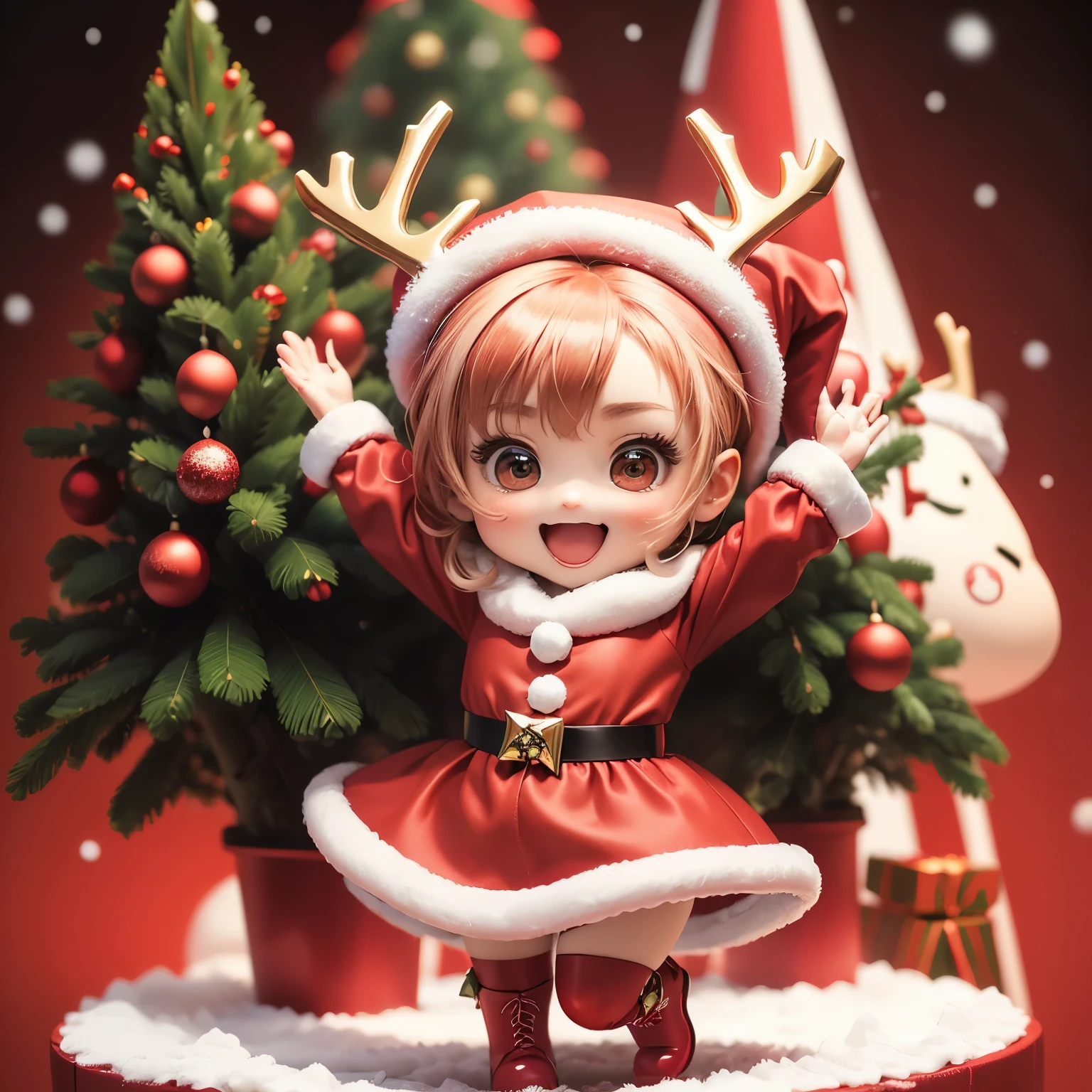 masterpiece、top-quality、ultra-detailliert、(Chibi character Santa girl:1.2),(Santa Cosplay:1.3),red mini long sleeve dress,White fur,Red Santa Hats,Vivid depiction,Red boots(,The background is a Christmas tree and an animated reindeer.:1.3),Full-body standing figure,jumping jumping,Open your mouth and smile,Skinny