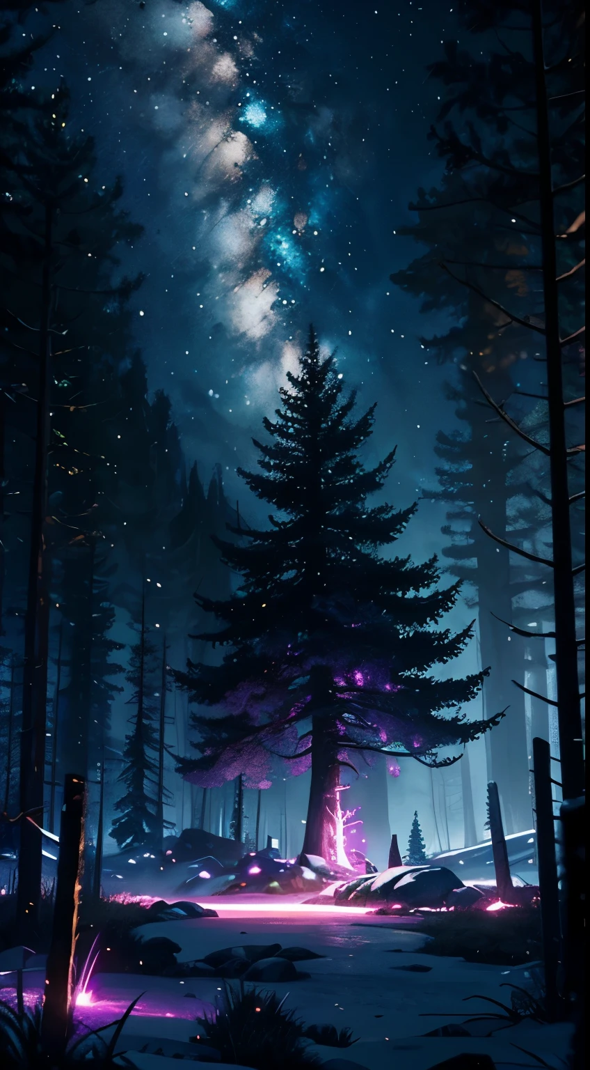 (Magical Digital Artwork:1.3), (masterpiece), a magical florest, gorgeous landscape, strange trees, magical glow, adventure, , snow, (florest:1.3),cinematic, mushrooms,, (ciano glow:1.3), artstation, fantasy, epic, (light particles:1), (night:1.3), snow, a eery atmospere, nature texture,grass, rocks, radioactive, spectral,crazy, alllien asthetic, breath taking,amazing