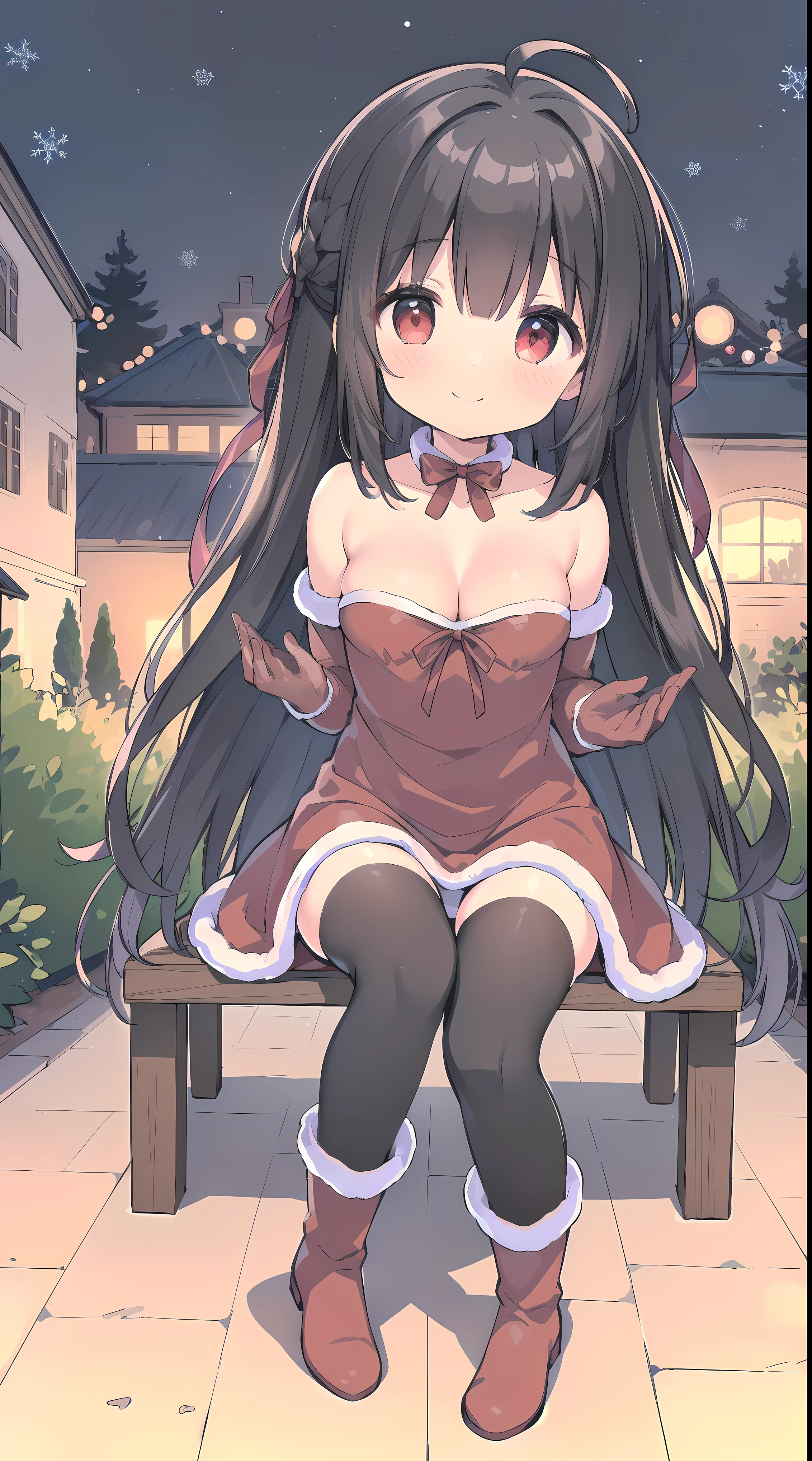 (wearing cute red christmas dress, big red ribbon on the back of her hair, christmas gloves, wear long black stocking, knee high red christmas boots:1.5), picture infront of big christmas tree on a big outdoor plaza at night with starry sky and a lot of hanging christmas light, (gentle housewife,  girl, full body, depth of view, petite and short figure girl, cute and littl, perfect woman, medium cleavage, mature aura:1.2), (masterpiece, best quality, HD Pictures, 4K:1.1), outdoor, very long hair, bangs, gentle look, gentle smile, gentle eyes, mature looking, pinkish cheeks, very detailed eyes, very detailed pupils, very detailed ridiculously long black hair, detailed face, detailed ruby red eyes, full body, look up to viewer, detailed long black hair, (happy gentle face, warm smile, blushing red cheeks, hands reaching towards viewer:1.3)