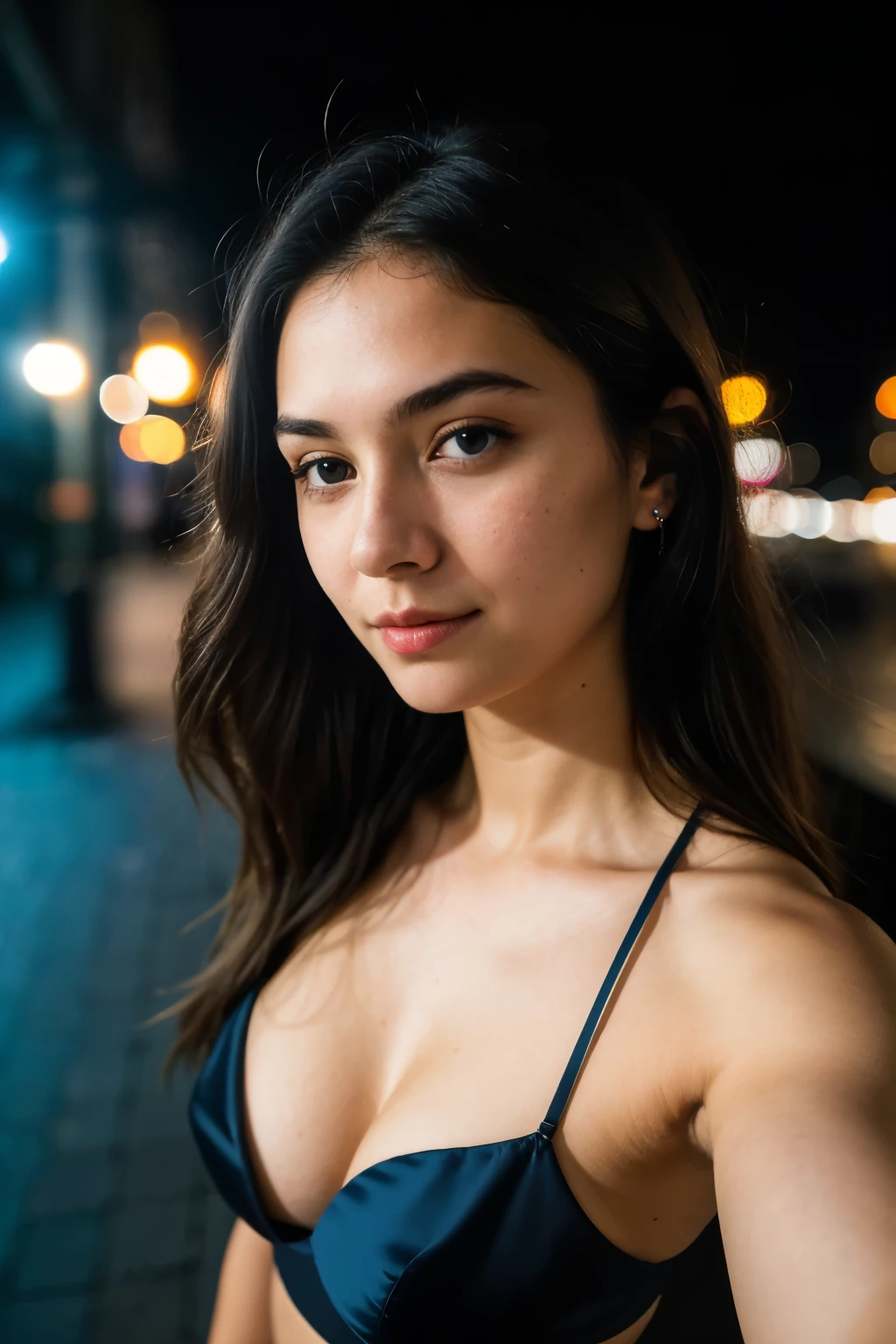 (taking selfies, overhead view: 1.4), (straight half of the torso: 1.4), Portrait photo of a 24-year-old french girl in RAW UHD format (Blue-eyed woman) Walk down the dark alley, night city, Details (textures! , Hair! , glistering, Color!! , imperfections: 1.1), highly detailed glossy eyes (looking at the camera), DSLR Lighting, SLR camera, Ultra-Quality, sharpness, Depth of field, Film grain (Downtown), Fujifilm XT3, Crystal clear, Frame Center, beatiful face, sharp-focus, street lamp, neon lighting, bokeh (dimly lit), night time, (night sky), detailed skin pores, oilly skin, suntan, Complex eye details, cleavage