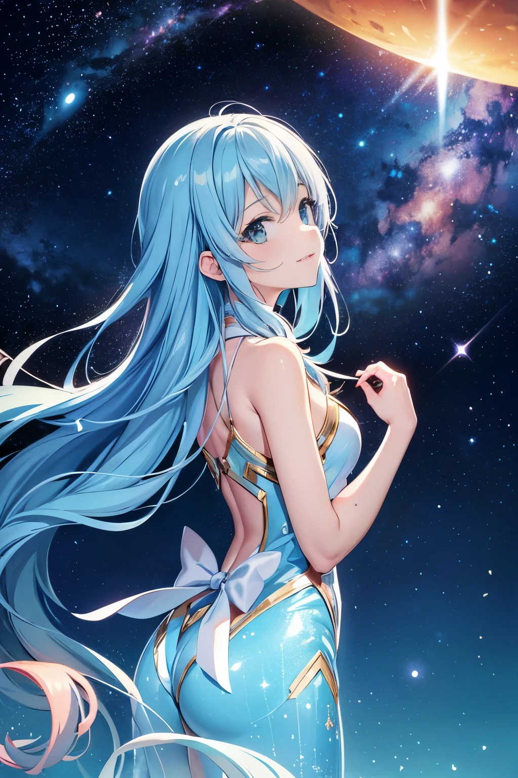 {{{masutepiece}}}, {{best qualtiy, An ultra-fine illustrations, beautifulanddelicatewater}}, {{very delicate light}}, {{Nature, Painting}}, {{Fine Lighting, More transparent stars, Very fine 8K PCG wallpaper}}, (plateau), Sunrise, randomly distributed clouds, cliff, ((Rotating starry sky)), Beautiful girl with long light blue hair with luminous particles、Twin-tailed、adorable smiling、facing front、Super Gloss Metallic Coral Rainbow Transparent Holographic Suit:1.2),Pink and white costume