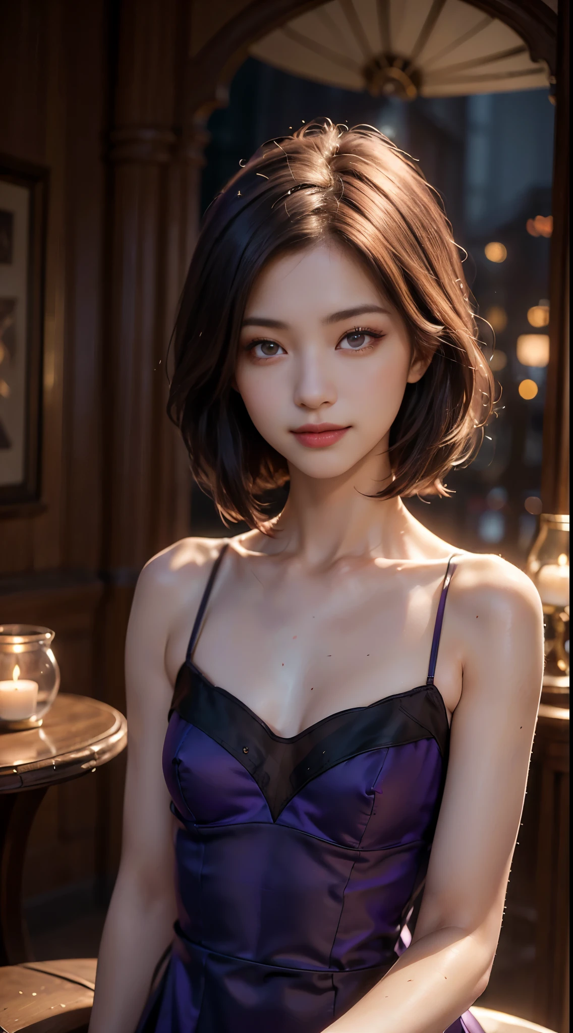 Perfect focus, Best Quality, Masterpiece, Ultra High Resolution, (Realism: 2), Original Photo, A Twenty-Year-Old Girl, (wearing a silk dark purple dress: 1.3), Charming Smile, Short red Hair, Vibrant brown Eyes, captivating eyes, Looking at the Viewer, Dynamic Pose, OC Rendering, night, sitting at a small round table, dim lights, indoors, incense sticks burning, magical atmosphere