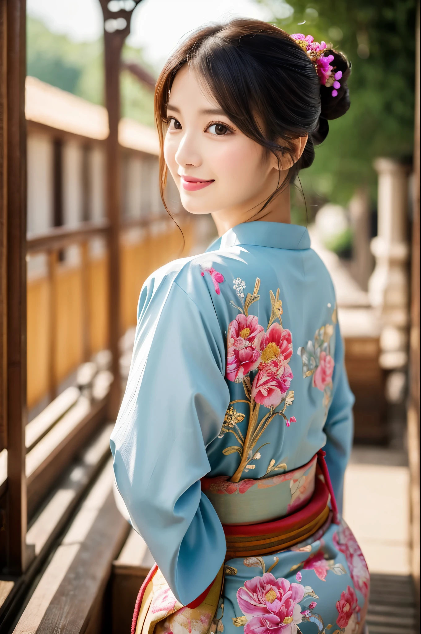 8K,(​masterpiece、top-quality:1.3)、hight resolution、cowboy  shot、(ultra-detailliert)、18year old,美しいgirl withの非常に詳細な肖像画、Super beauty(Like the real thing)length hair、sitting on,erect through]、Curvaceous、)、((s lips))、(nase)、((Long face))、girl with、flower tree、魅惑的、elegent、Stylish、a sultry、A sexy、A smile、Look at viewerlorals、soft makeup、Textured、like pattern ilm、Dynamic Posture、wide Shots、 Dramatic Lighting:1.1、(gradients)、naturey、(face perfect)、outline oconitide、Warmth、light particules、(depth of fields)、(intricate-detail:1.2)、(highly detailed back ground)、East Asian Architecture,The charm of wearing kimono for adults,florals魁(Flashy kimono)facing front,A sexy,