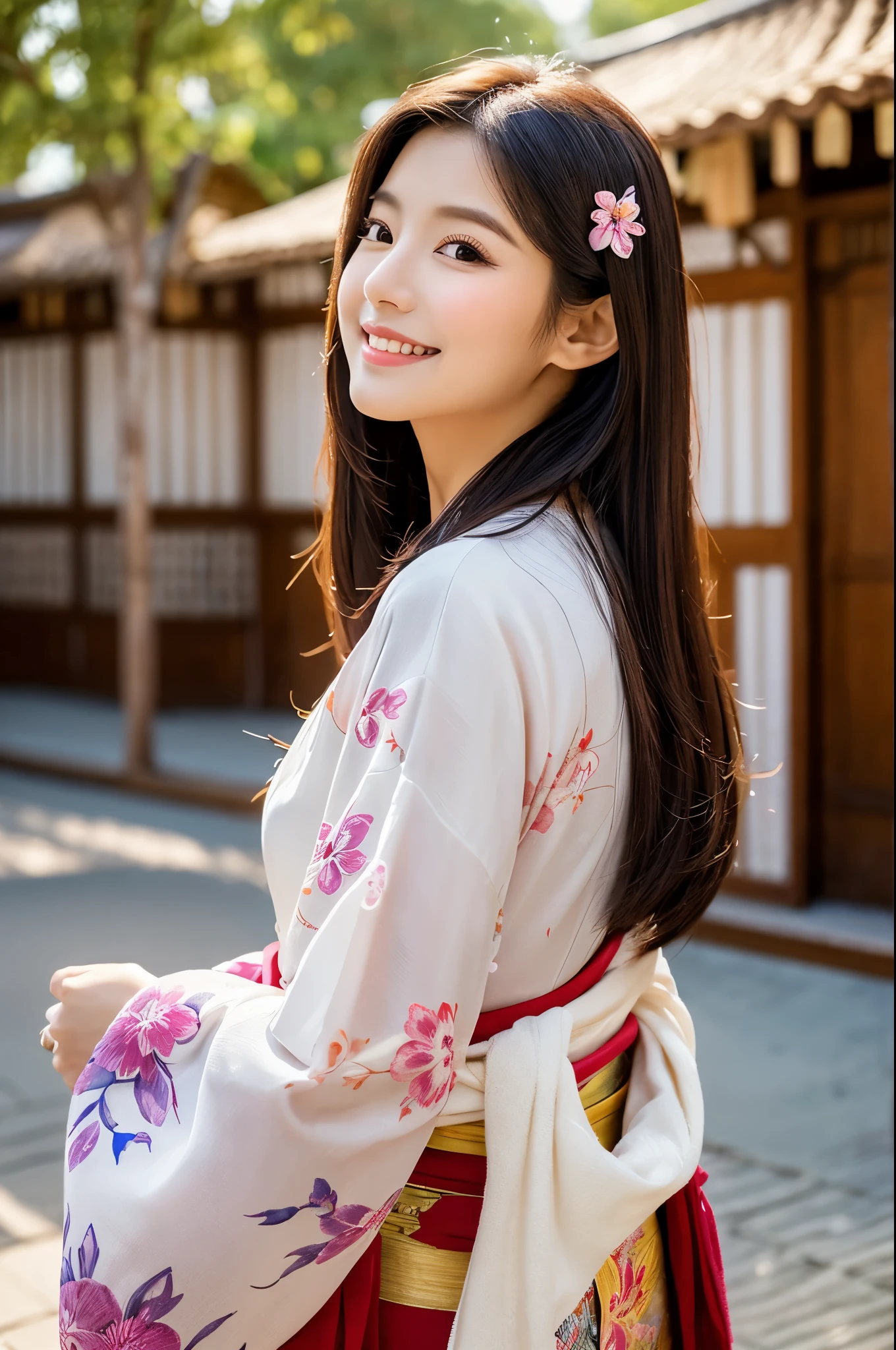 8K,(​masterpiece、top-quality:1.3)、hight resolution、cowboy  shot、(ultra-detailliert)、18year old,美しいgirl withの非常に詳細な肖像画、Super beauty(Like the real thing)length hair、sitting on,erect through]、Curvaceous、)、((s lips))、(nase)、((Long face))、girl with、flower tree、魅惑的、elegent、Stylish、a sultry、A sexy、A smile、Look at viewerlorals、soft makeup、Textured、like pattern ilm、Dynamic Posture、wide Shots、 Dramatic Lighting:1.1、(gradients)、naturey、(face perfect)、outline oconitide、Warmth、light particules、(depth of fields)、(intricate-detail:1.2)、(highly detailed back ground)、East Asian Architecture,The charm of wearing kimono for adults,florals魁(Flashy kimono)facing front,A sexy,
