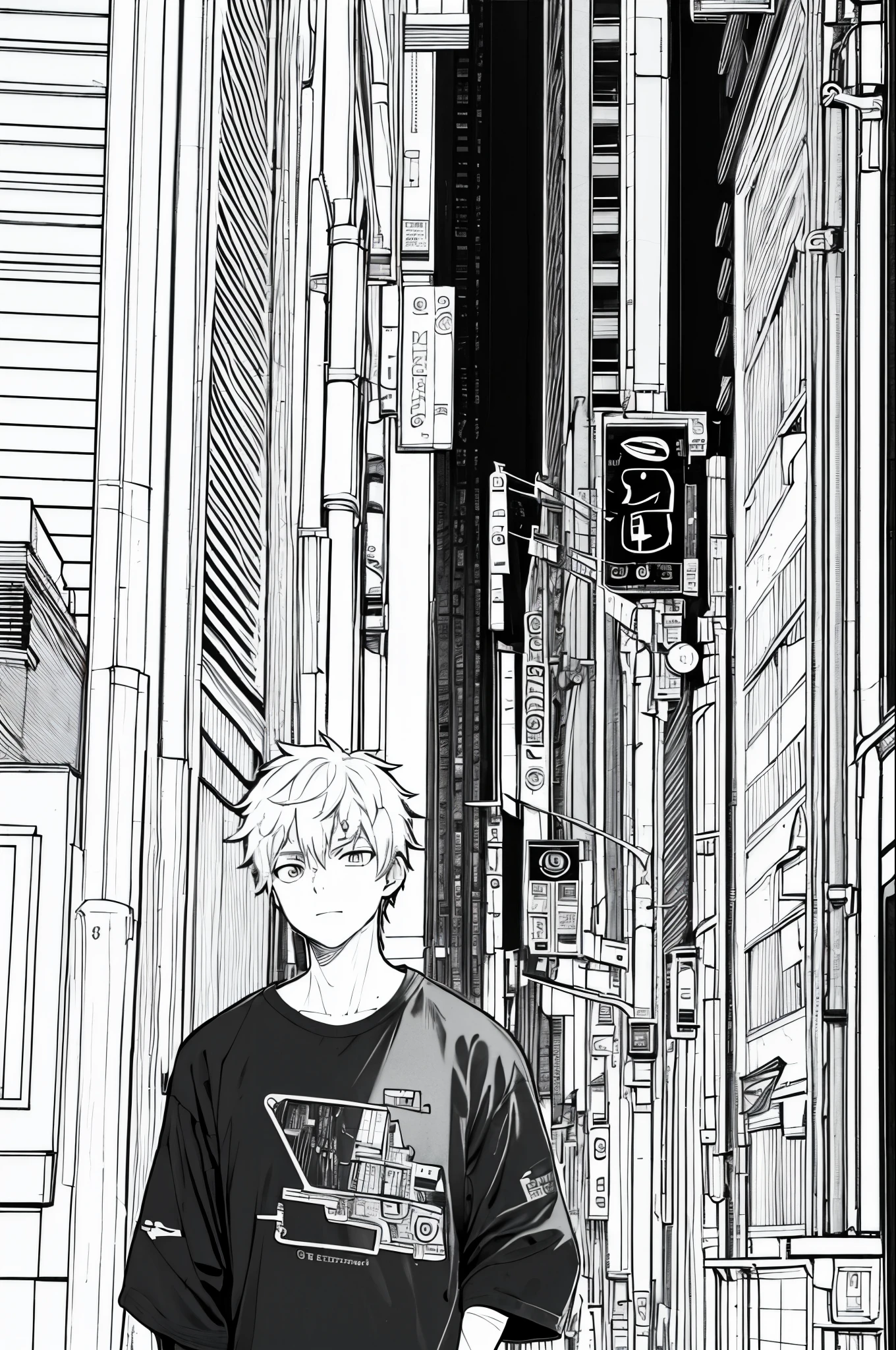 1boy, masterpiece, top-quality, t-shirts, cyberpunk, a street, monochromes, line-drawing, coloring book pages