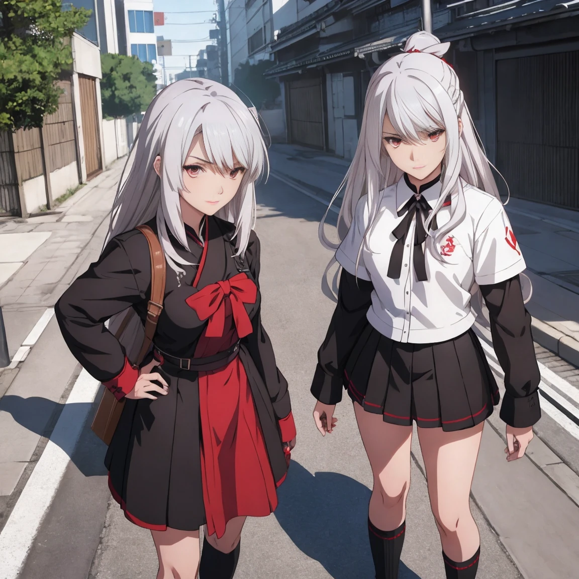 sukeban, illyasviel_von_einzbern, mature_female, silver hair, holding yoyo, combat pose, full body, flowing hair, hair between the eyes, asymmetrical hair, red eyes, delicate facial features, clean face, human head, human proportion, good proportion, looking_at_viewer, outdoors, background tokyo, by ilya kuvshinov, by Tetsuya Nomura,