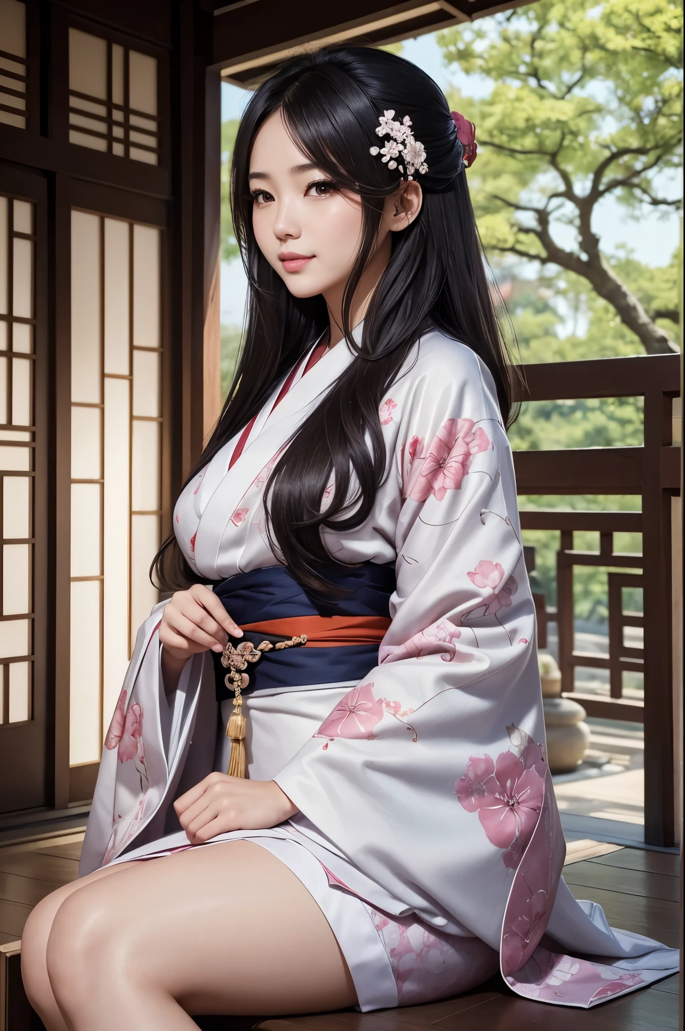 8K,(​masterpiece、top-quality:1.3)、hight resolution、cowboy  shot、(ultra-detailliert)、18year old,美しいgirl withの非常に詳細な肖像画、Super beauty(Like the real thing)length hair、sitting on,????? through]、Curvaceous、)、((s lips))、(nase)、((Long face))、girl with、flower tree、魅惑的、elegent、Stylish、a sultry、A ????、A smile、Look at viewerlorals、soft makeup、Textured、like pattern ilm、Dynamic Posture、wide Shots、 Dramatic Lighting:1.1、(gradients)、naturey、(face perfect)、outline oconitide、Warmth、light particules、(depth of fields)、(intricate-detail:1.2)、(highly detailed back ground)、East Asian Architecture,The charm of wearing kimono for adults,florals魁(Flashy kimono)facing front,A ????,