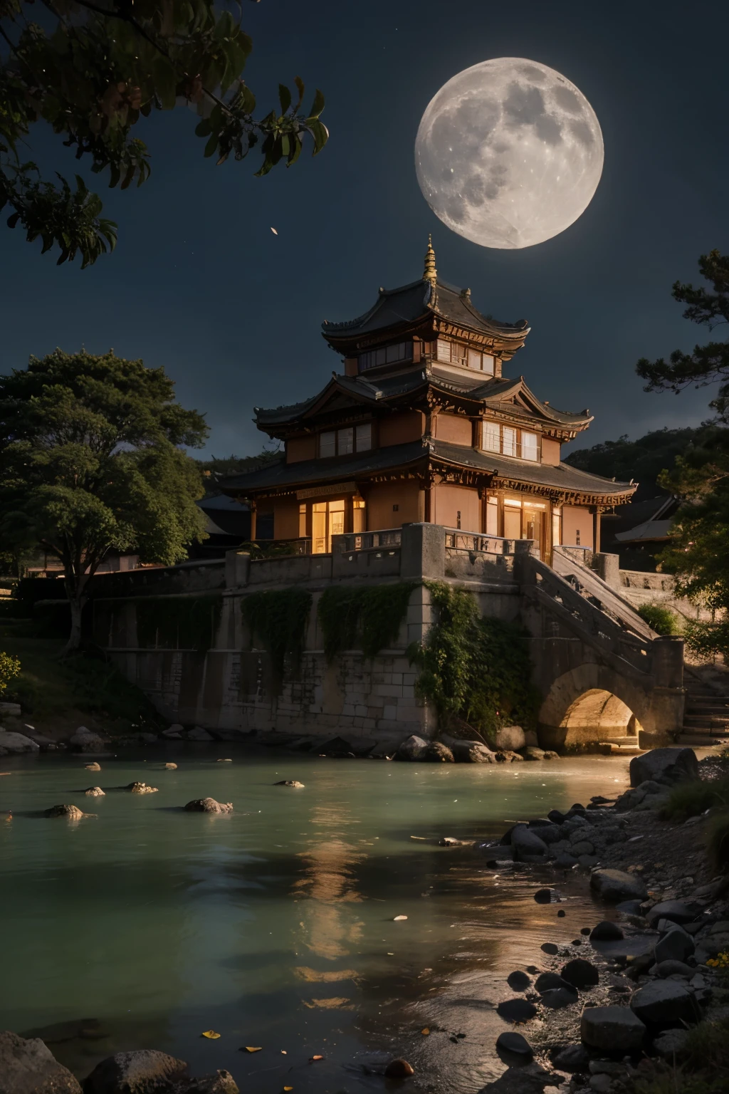 an Asian-style castle, made of  glowing jade, with moonlight, flowers, trees, wind, falling leaves and flower petals