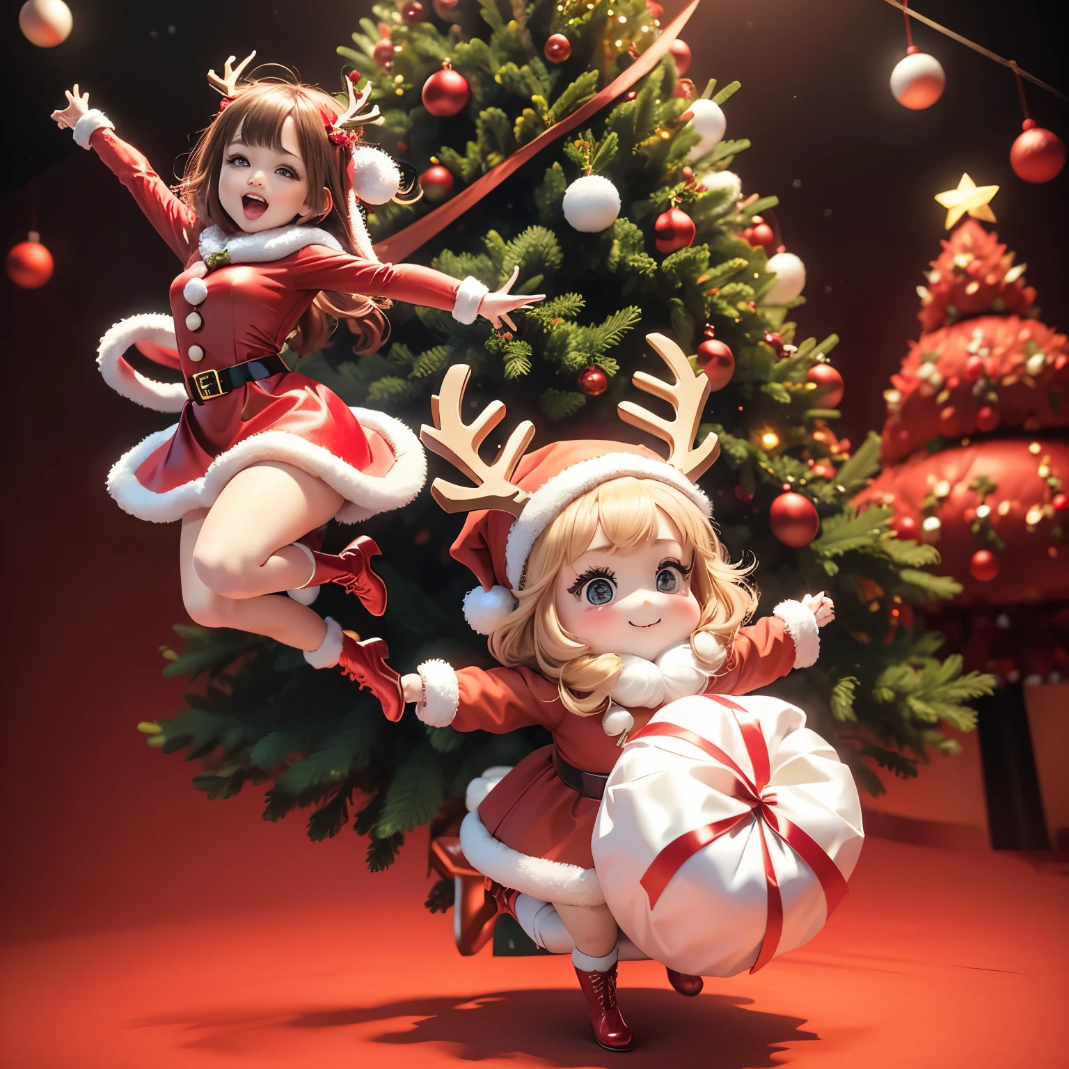​masterpiece、top-quality、ultra-detailliert、(Chibi character Santa girl:1.2),(Santa Cosplay:1.3),red mini long sleeve dress,White fur,Red Santa Hats,Vivid depiction,Red boots(,The background is a Christmas tree and an animated reindeer.:1.3),Full-body standing figure,jumping jumping,Open your mouth and smile,Skinny