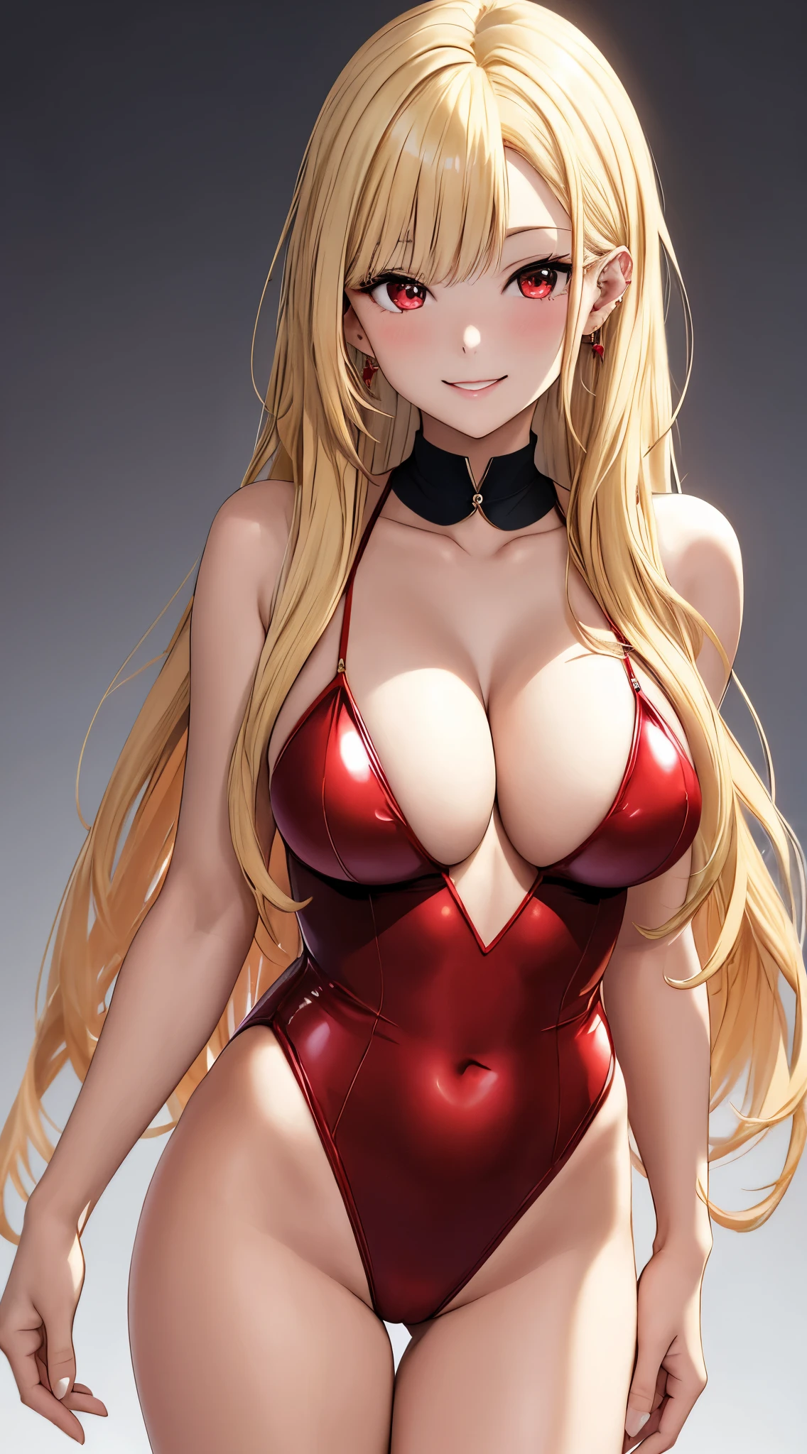 masterpiece, best quality, highres, kitagawa marin, 1girl, blonde hair, long hair, swept bangs, gradient hair, red eyes, jewelry, earrings, piercing, glossy lips, light smile sleeveless leotard, standing, cleavage