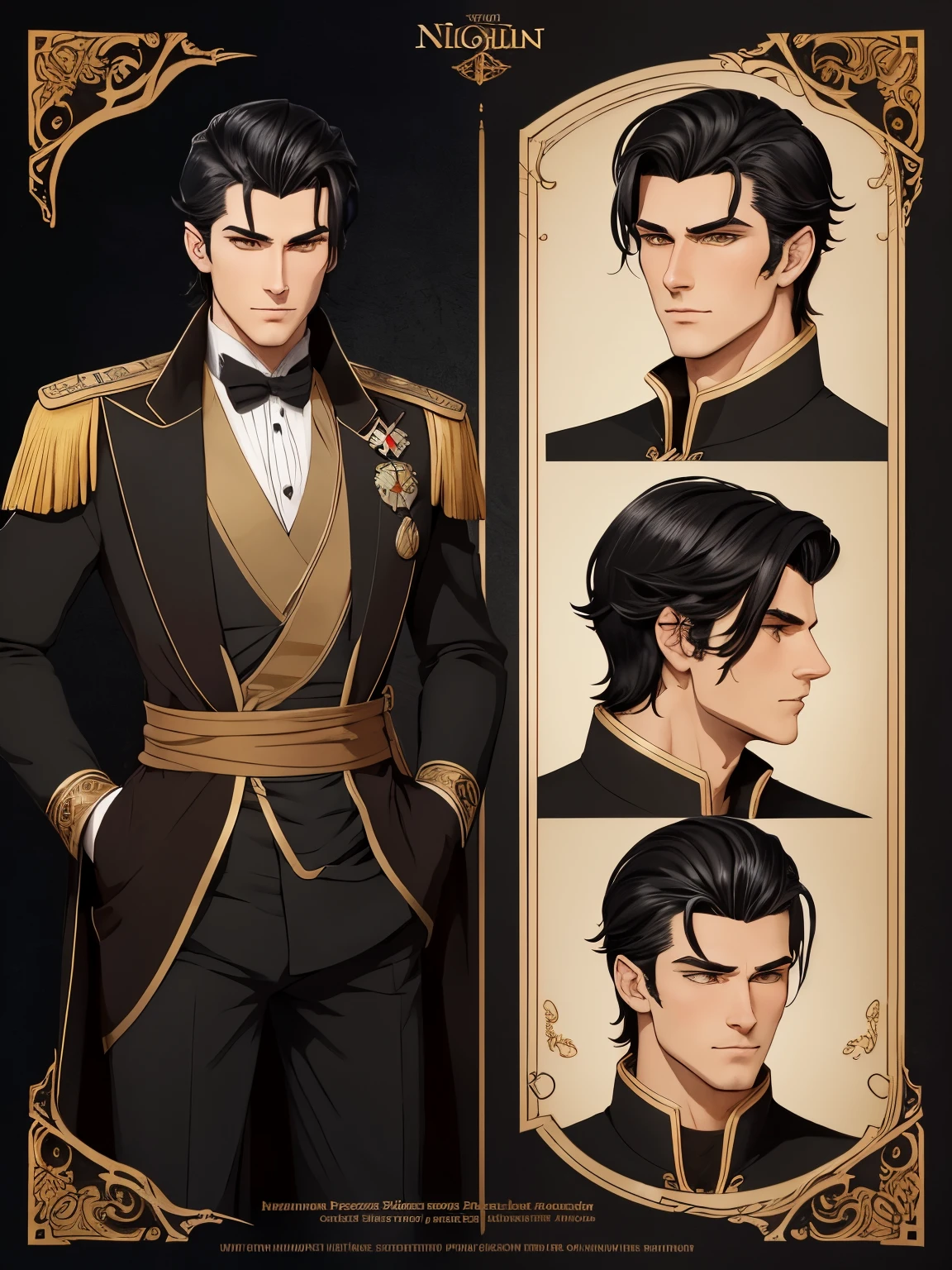 Character design sheet, same character, on front, from on the side, At the back. Nikolai has black hair, shaved on one side and styled on the other, golden eyes and slightly crooked nose, he has a beautiful face, "outlined by the features of a fairy-tale prince". He is described as extremely charming and handsome.
