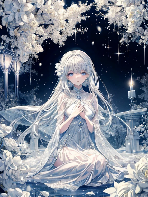 scenecy, Paradise in Heaven, White lighting,(masutepiece), (Best Quality), (Cinematic), 8K, (art  stations), Li Yue painting style. (長い白い髪とSilvery eyesを持つ1人の女), (流れるような白くSheerドレス)、(Beautiful delicate face)、[ Particle Lou Full Moon] [Frozen trees々] [landscape crystal] [Lighting] [Ethereal Atmosphere]:1.1] [Fantasy, short story] [soft Lighting] [+Cinematic shot]:1.2 [+art  stations] [+luminous white background] [+soft Lighting] [soft glow] [Creative and dynamic angles]:1.3, [+Crystal Toning] 、masutepiece, ighly detailed, Ultra-detailed, Solo, (pale skin), Silvery eyes, Frosty white hair, (snowy background), (snowflake rosen flower:1.0), crystal crown, (shining crystal), (((白くSheerドレス))), (Snowy ground), (Icy breath), (White lashes), 花のある部屋に立つSheer繊細なウェディングドレスを着た美女, Female sexy、luxurious wedding, very magical and dreamy, dreamy and detailed, ethereal fairy tale, The setting of a fairy tale:, 贅沢なSheer薄いドレス, dreamy diamond、たくさんのクリスタルが付いたSheerドレス, fantasy sheer dress, A magical dress with a transparent chest, crystal see-through dress, Feminine atmosphere and drama in a transparent dress with sparkling flowers, Gorgeous setting, 妖しい雰囲気 masutepiece, The most beautiful scenes, An majestic、(((full of white flowers)))、quiet and serene atmosphere、A charming, Sheer,The nipple is visible、large boob、sexy-S 100,たくさんのクリスタルが付いたSheerドレス, fantasy sheer dress, Transparent chest dress, See-through dress studded with crystals, Woman in a transparent dress with sparkling white flowers, intricate fantasy sheer dress, transparent rainbow color, Detailed translucent costume design, transparent dress, a stunning young ethereal figure, Bejeweled Opal Statue, fantasy transparent costume,pure white and dazzling、all white tones,Inside the crystal library,Transparent flowers and falling snow，Many white roses are planted,(flowingwater,falls,water bloom),The decoration is also carefully done.,Dreamy（ighly detailedです，Creative Design，crisp and precise lines，K HD，best qualtiy，tmasterpiece，超hight resolution，4K）、huge tit、Underwear models、Diverse poses、((beautiful white flower hair ornament))、beautiful hairl型、Full body view、sexymodel、Overhead view, look from above、(Best Quality, 4K, 8K, hight resolution, masutepiece:1.2), Ultra-detailed, Detailed expression, Graceful posture, dreamy ambiance, expressive brush strokes, mystic atmosphere, artistic interpretation,beautiful hairl，Delicate floral jewelry， 驚くほど小さな新鮮なスタイルのSheerドレス、 Subtle colors and tones,