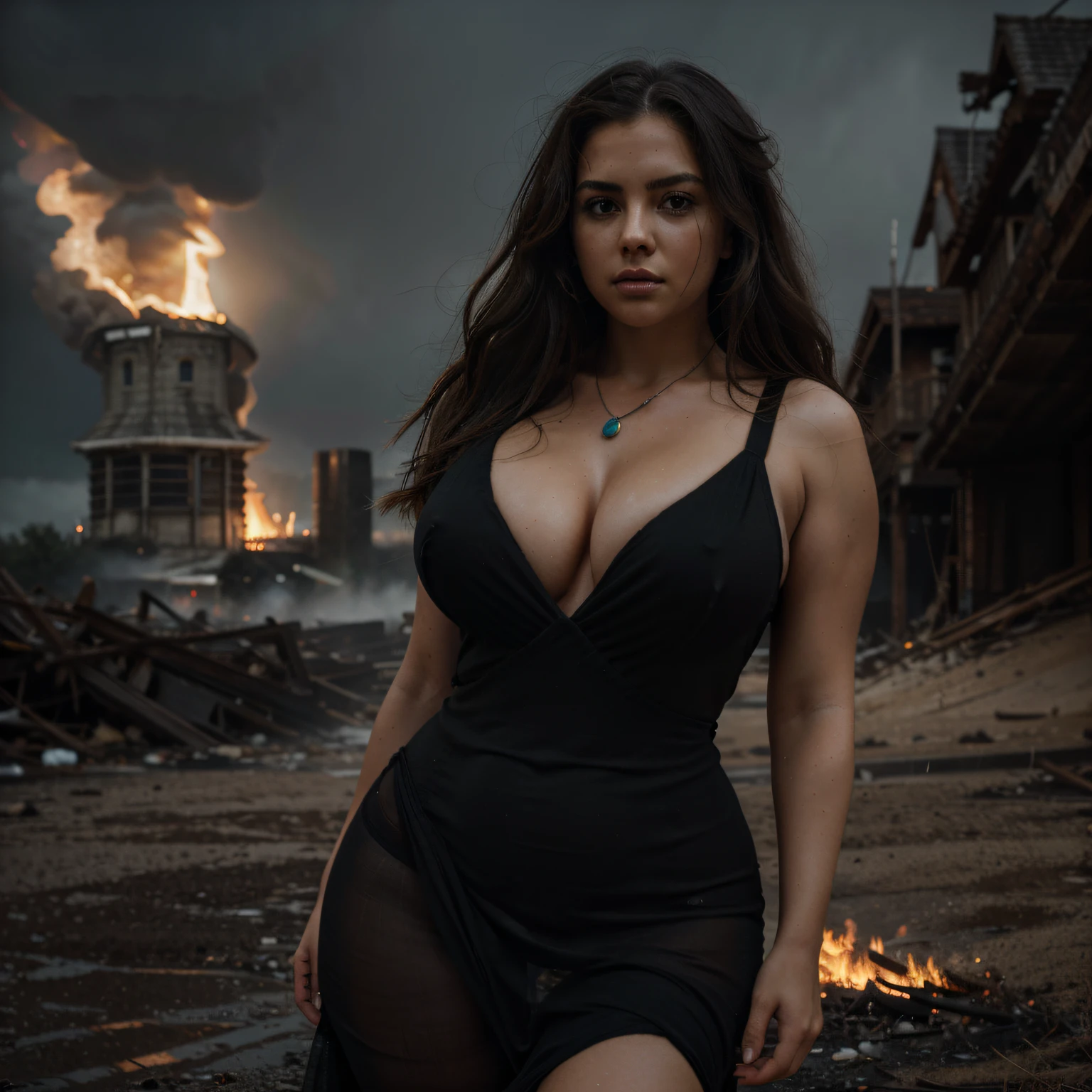 ((curvy woman fleeing)), ((big curvy hips)), huge fire in background, lightening, stormy, F5 tornado, raining, glowing, smoky, blowing long messy hair, bright eyes, (sheer black dress), powerful, 24mm, 4k, soft cinematic light, RAW photo, photorealism, photorealistic, intricate, elegant, highly detailed, sharp focus, ((cinematic look)), soothing tones, insane details, intricate details, hyperdetailed, low contrast, soft cinematic light, dim colors, exposure blend, hdr, faded, (epic), sexy, magical, blooming, iridescent, epic, necklace, sweaty
