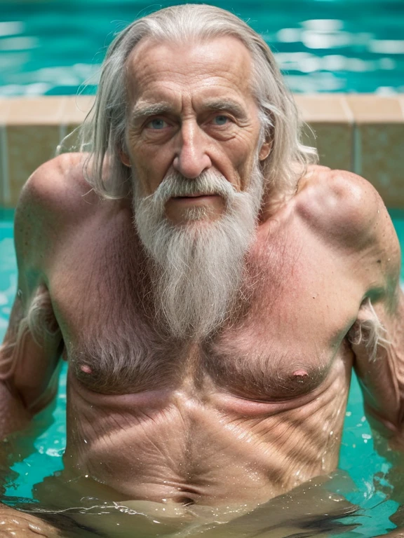 John Glover, An elder with a long beard and white hair, with a serene face wrinkles, looking producing, body older weak, skinny bones hairy, body naked, his shirt was open to reveal his stomach wrinkles older hairy weak and chest, arms legs neck hands feet skinny old and weak, shy and blushed, Lying in the bath swimming pool,master-piece,4K images,beste-Qualit