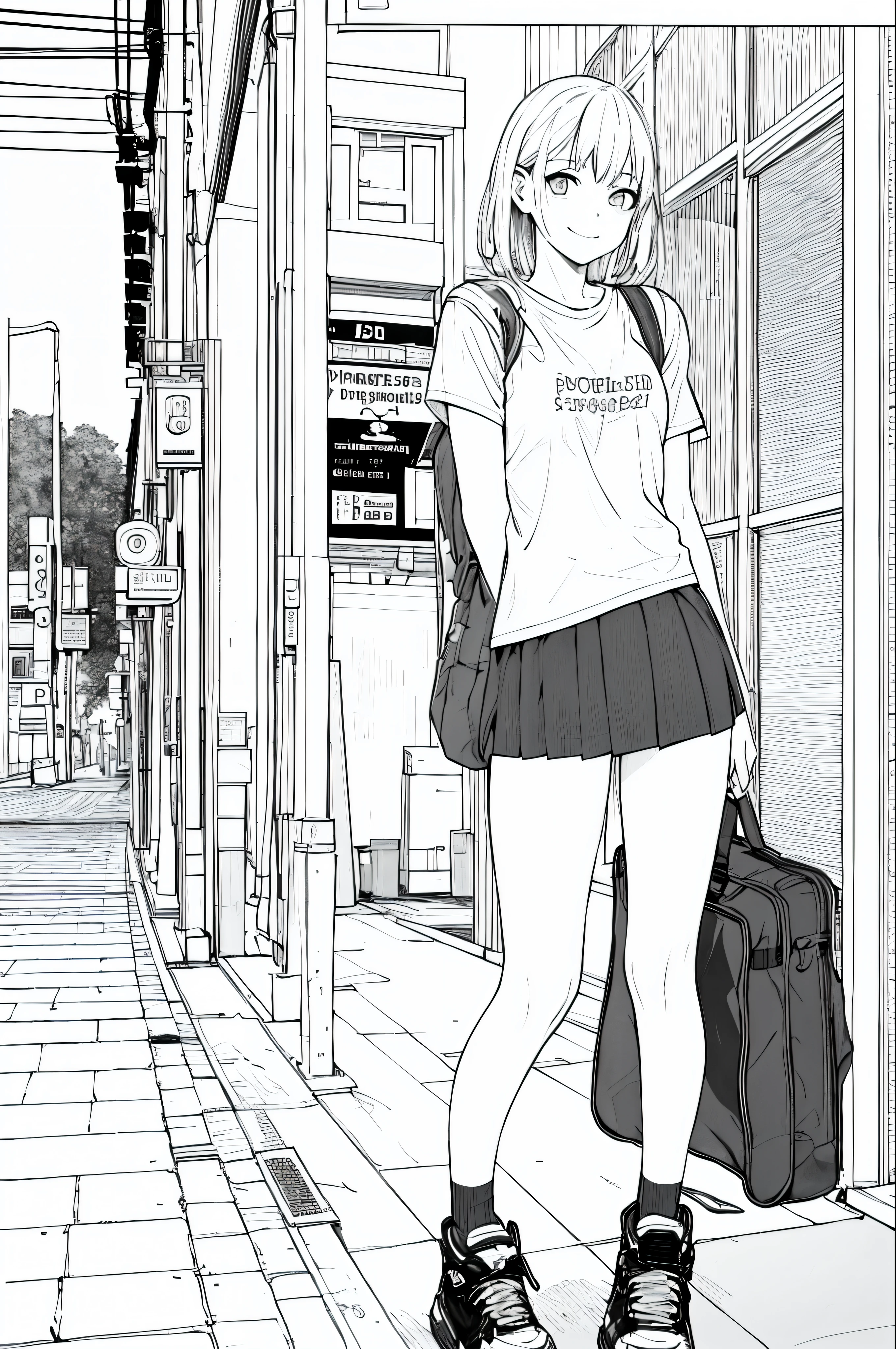 masterpiece, top-quality, 1girl in, tshirts, A slight smil, a school bag, cyberpunked, a street, monochromes, line-drawing、