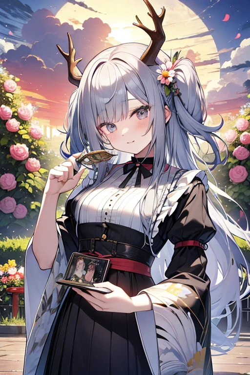 Unparalleled beauty,face perfect、、Magazine covers、(Gray wavy hair),Perfect Eye、Archaic costume、Retro、Colorful flower garden、springtime、Deer antlers grow from the head、Gothic lolita、ファッションmodeled、modeled、Director Makoto Shinkai&#39;a backdrop of、White rabbit、Sunset、Five-storied Pagoda、、full body Esbian,