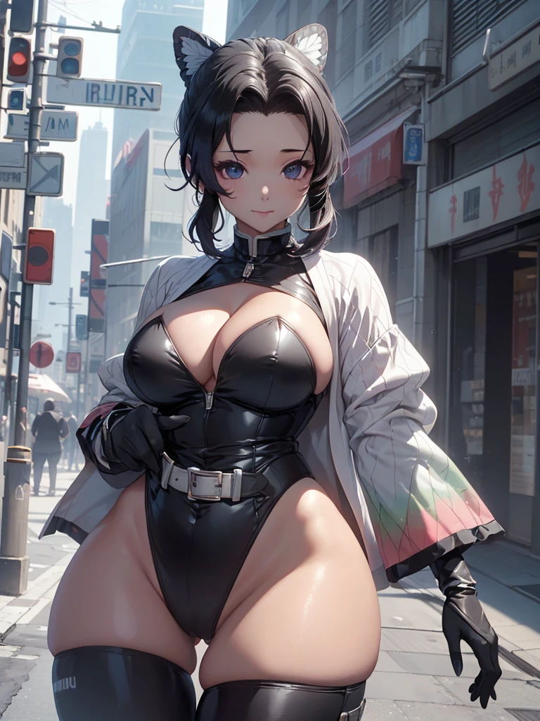 (masterpiece, best quality), 8K, high detail, (((Hu Dieren)))、((A dark-haired))、full bodyesbian、from adove、cyborgs、Electromechanical、full bodyesbianアーマー、Huge breasts、cleavage of the breast、toned waist、Big ass、Voluptuous thighs、In the street