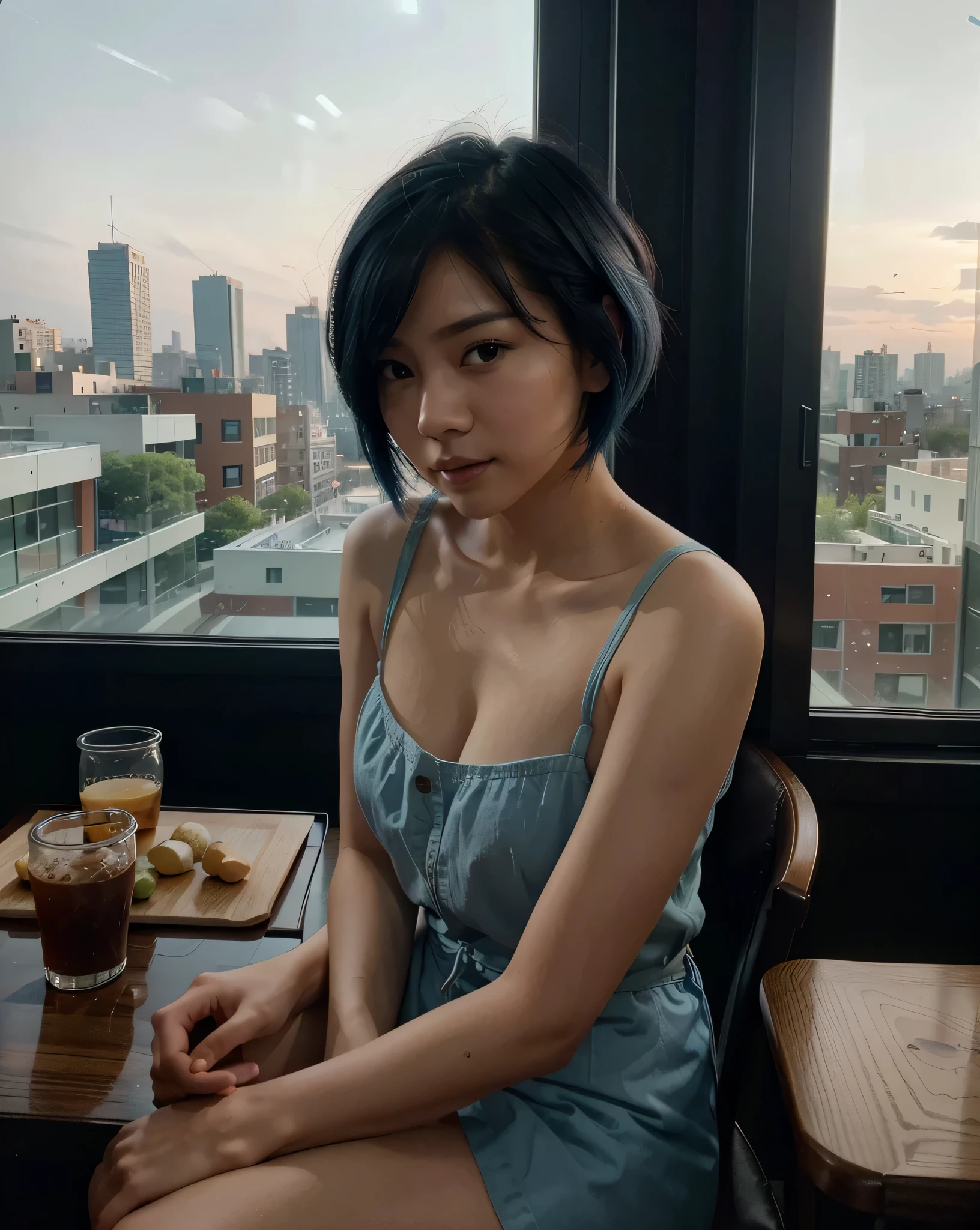 A cute and beautiful one, Asian girl with blue short hair,Nice face， in a western restaurant, sitting beside the window, Enjoy the city night view, Prepare dinner, with delicate, Beautiful and delicious food on the table, Shot on iPhone 14pro at 6pm，Photorealistic photos，realistic skin textureright lights in the room