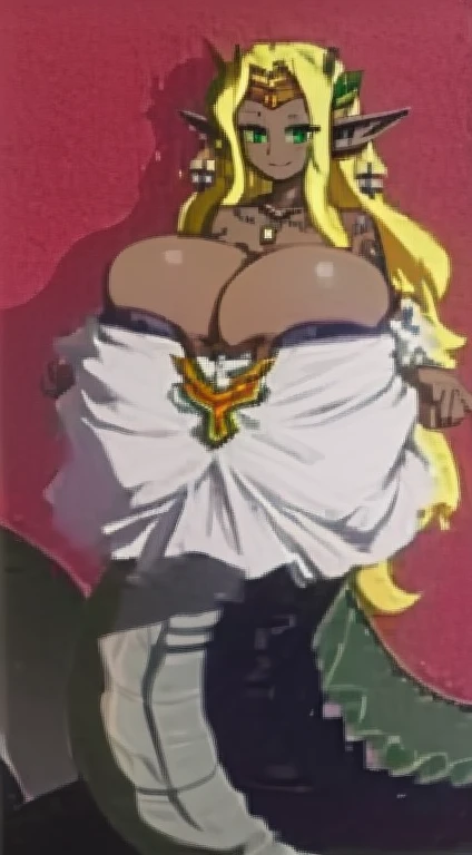 SoniaTotk, 1girl, solo, jewelry, blonde hair, pointy ears, long hair, tattoo, green eyes, earrings, necklace, dark skin, hand on own chest, dark-skinned female, bare shoulders, smile, looking at viewer, dress, hair ornament, circlet, upper body, (large breasts:1.6), (lamia:1.6)