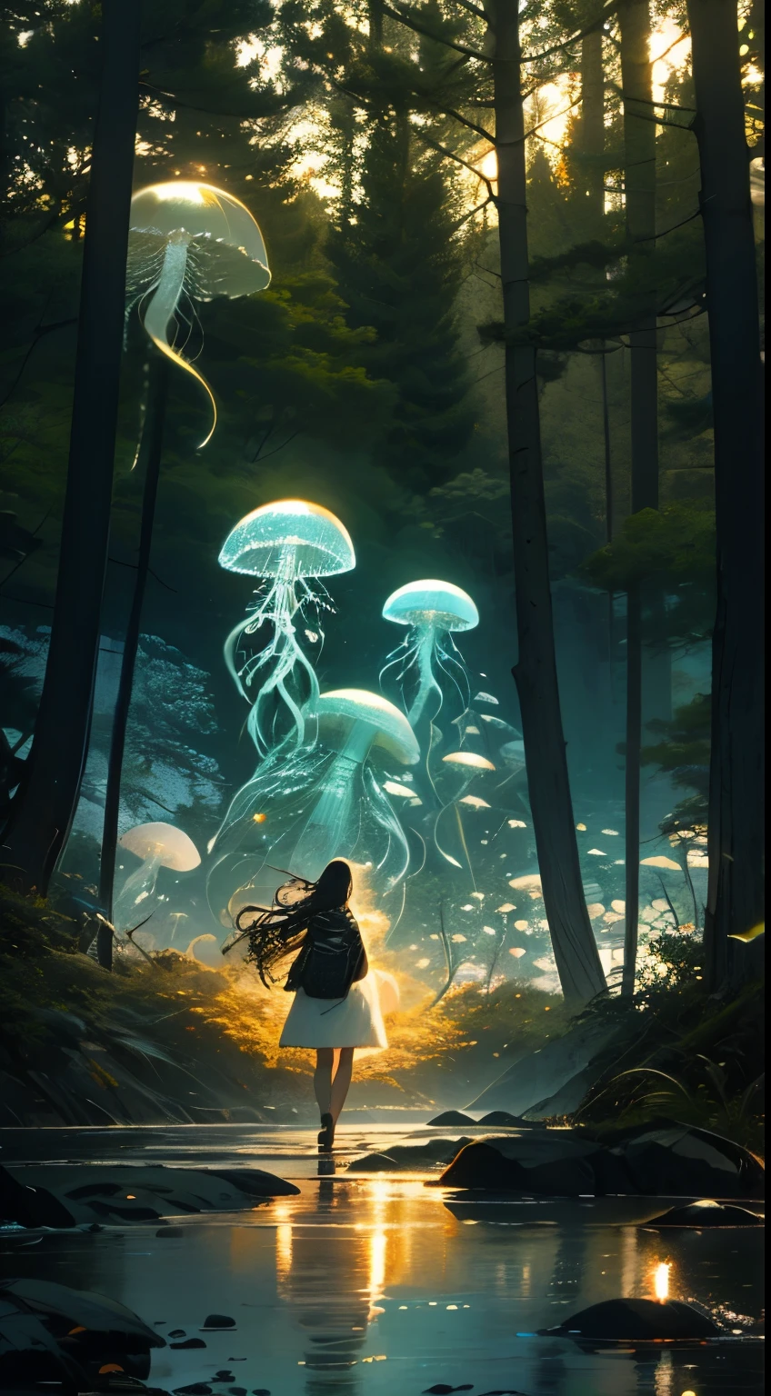 blue jellyfish,jellyfishforest, 1girl, long hair, dress, solo, black hair, mushroom, nature, white dress, outdoors, tree, walking, forest
