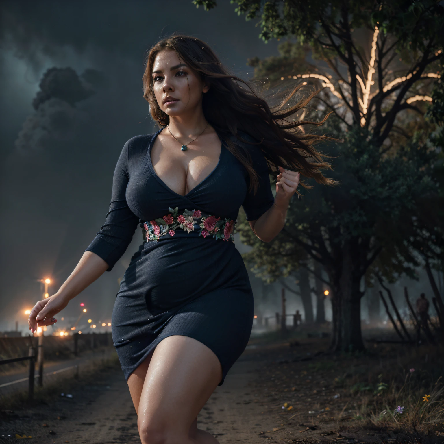 ((curvy woman running)), fleeing, ((big curvy hips)), huge tree on fire in background, lightening, stormy, big tornado, glowing, smoky, blowing long messy hair, bright eyes, (sheer navy dress with flowers), powerful, 24mm, 4k, soft cinematic light, RAW photo, photorealism, photorealistic, intricate, elegant, highly detailed, sharp focus, ((cinematic look)), soothing tones, insane details, intricate details, hyperdetailed, low contrast, soft cinematic light, dim colors, exposure blend, hdr, faded, (epic), sexy, magical, blooming, iridescent, epic, necklace, sweaty